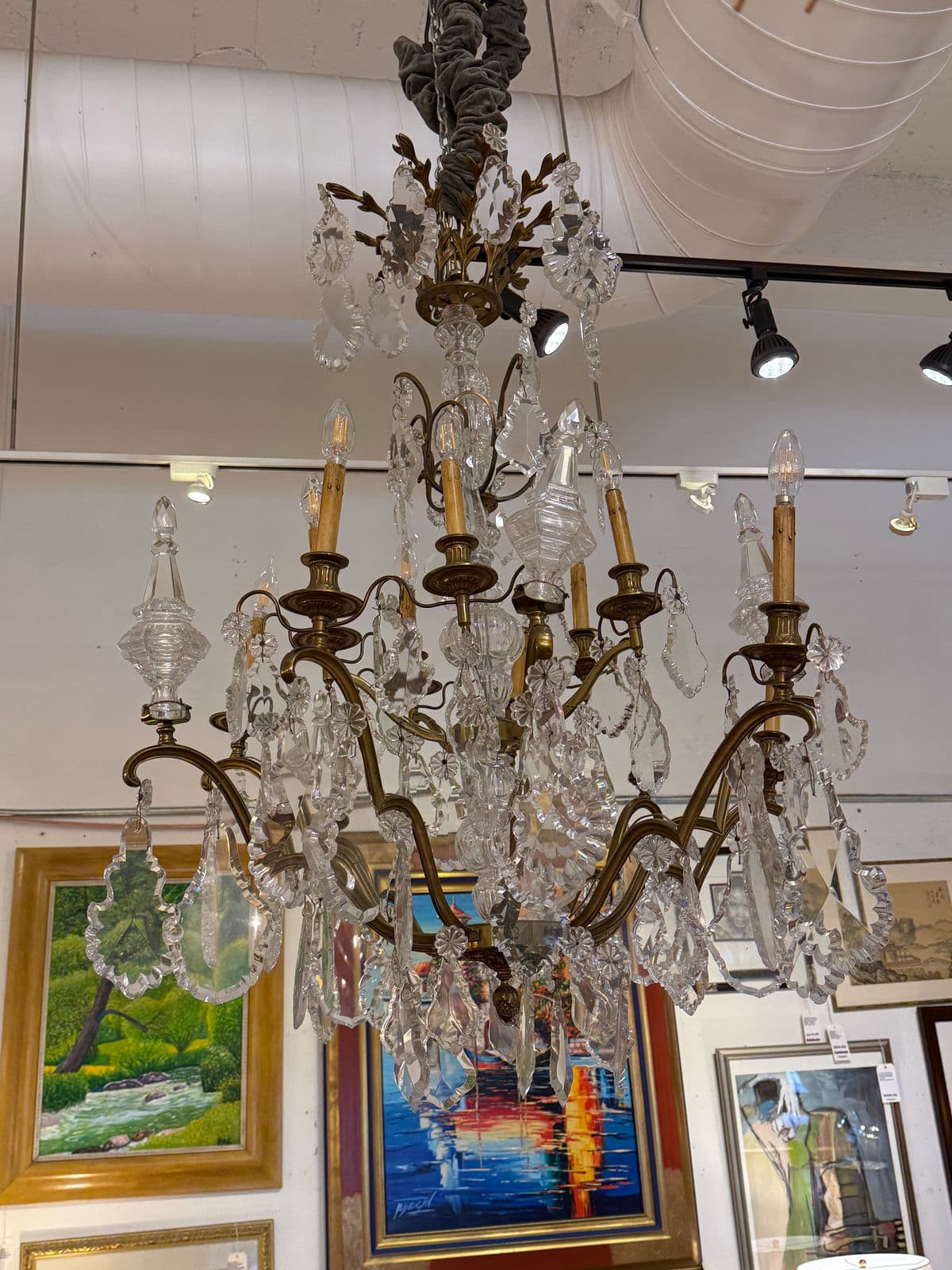 10-Light Crystal Chandelier + Antique Gold-Finish Metal Frame, Vintage - Thumbnail 4