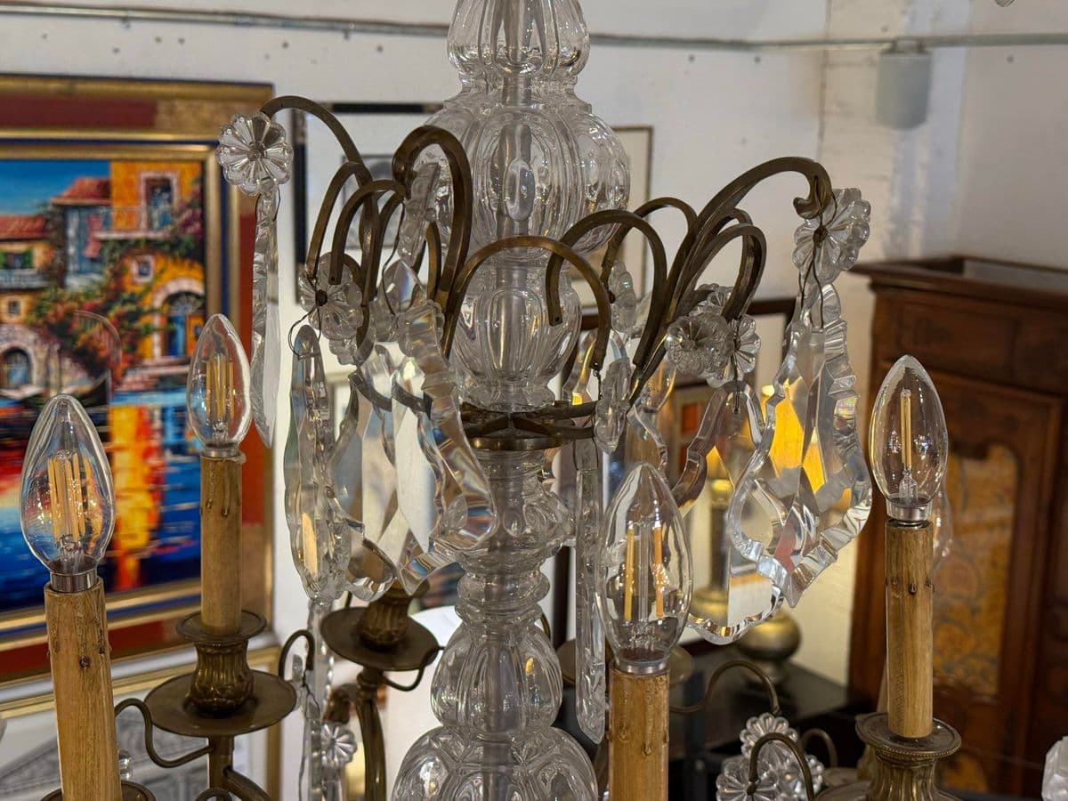 10-Light Crystal Chandelier + Antique Gold-Finish Metal Frame, Vintage - Thumbnail 9