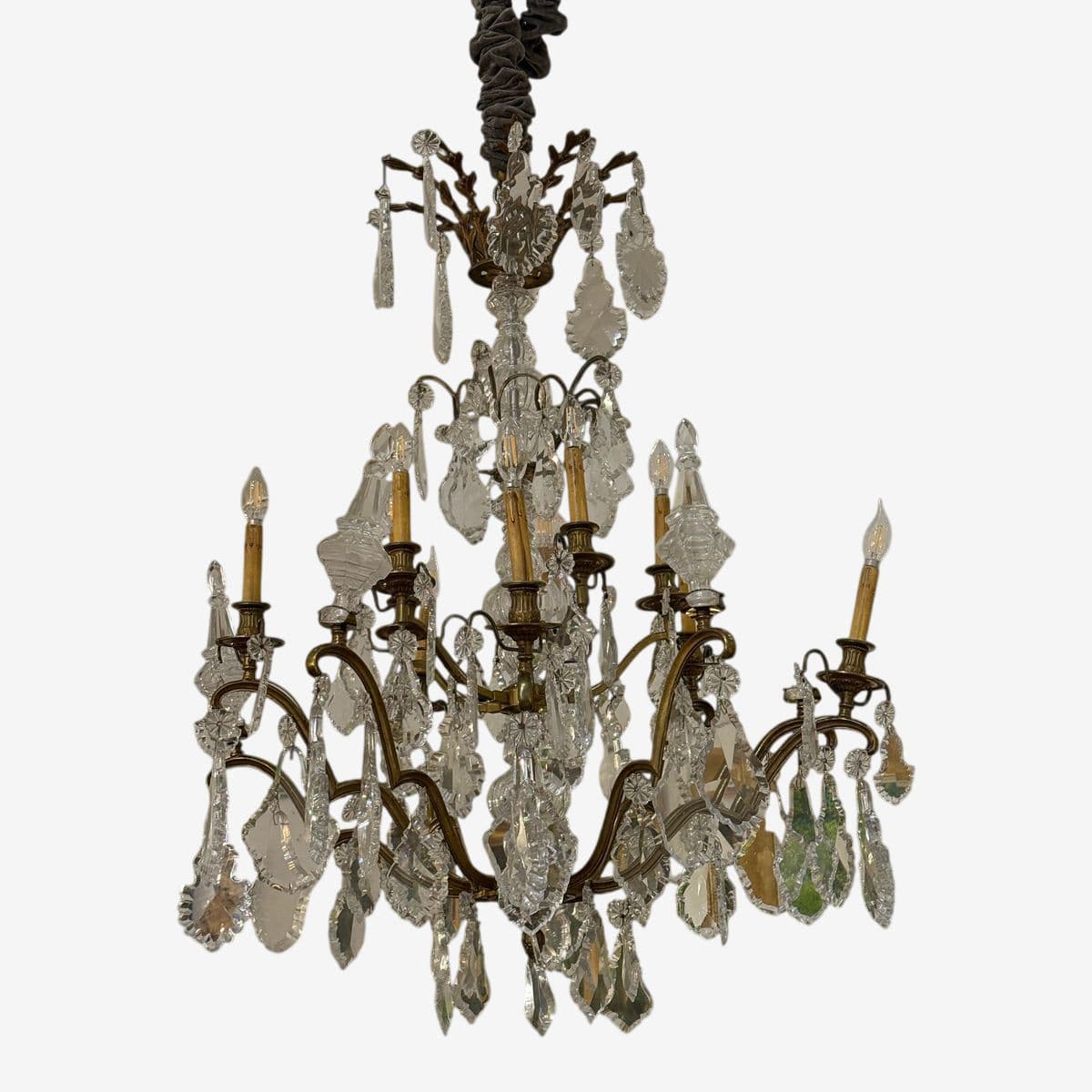 10-Light Crystal Chandelier + Antique Gold-Finish Metal Frame, Vintage - Image 1