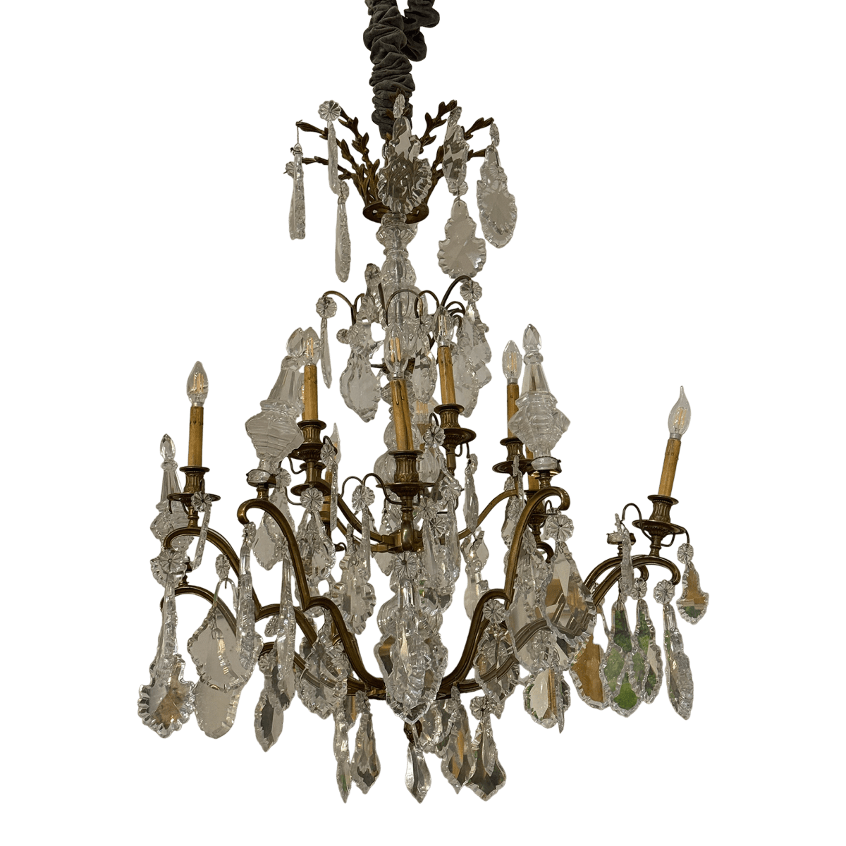 10-Light Crystal Chandelier + Antique Gold-Finish Metal Frame, Vintage - Thumbnail 2