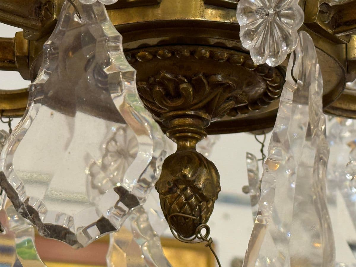 10-Light Crystal Chandelier + Antique Gold-Finish Metal Frame, Vintage - Thumbnail 11