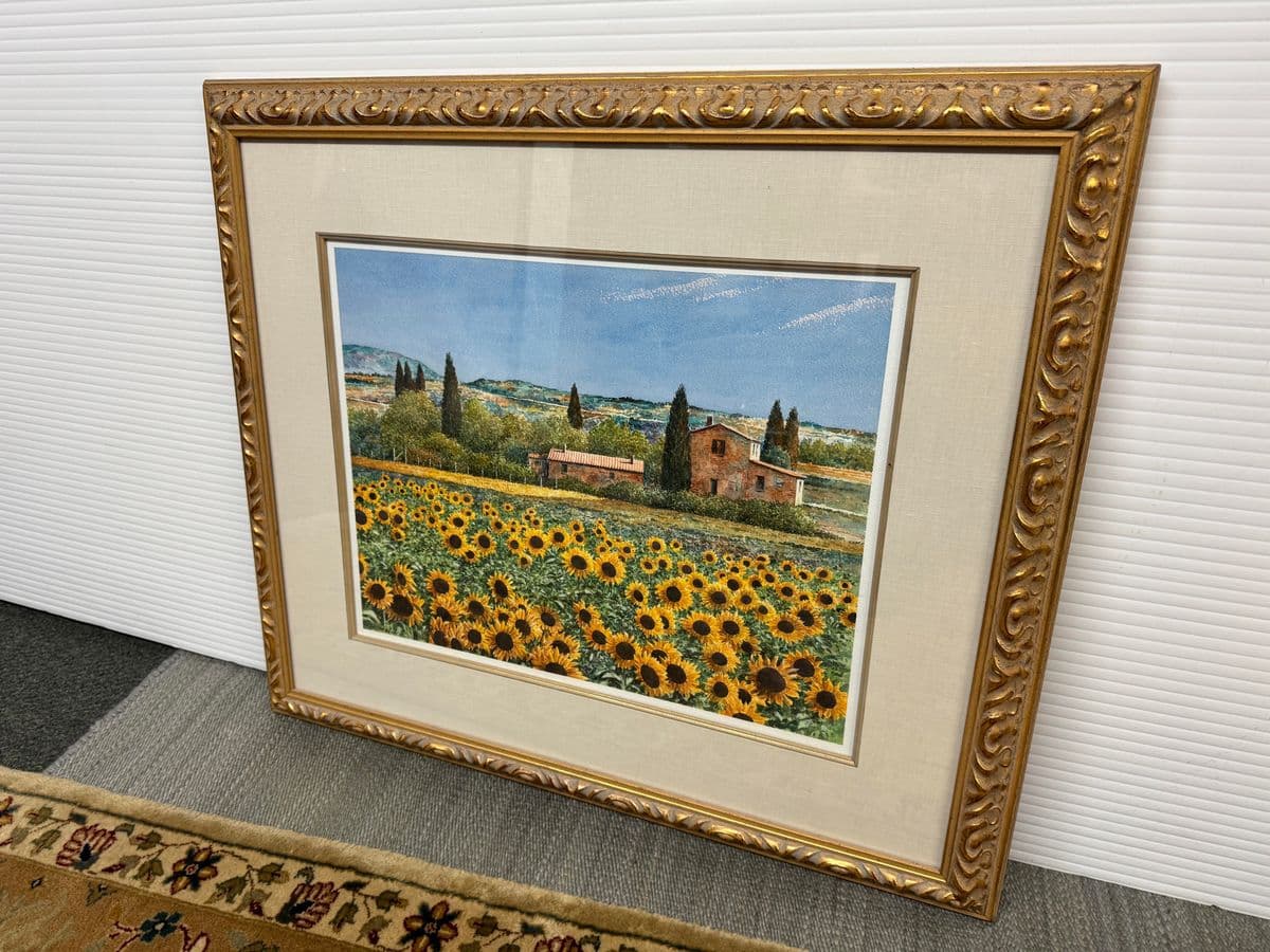 Giles Grimoin Field of Sunflower Watercolor, Signed - Thumbnail 4