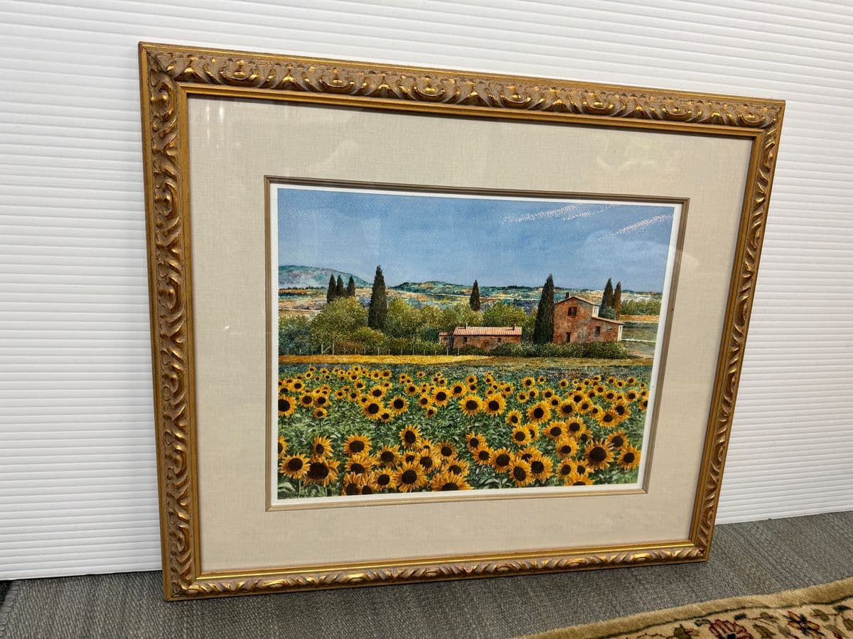 Giles Grimoin Field of Sunflower Watercolor, Signed - Thumbnail 3