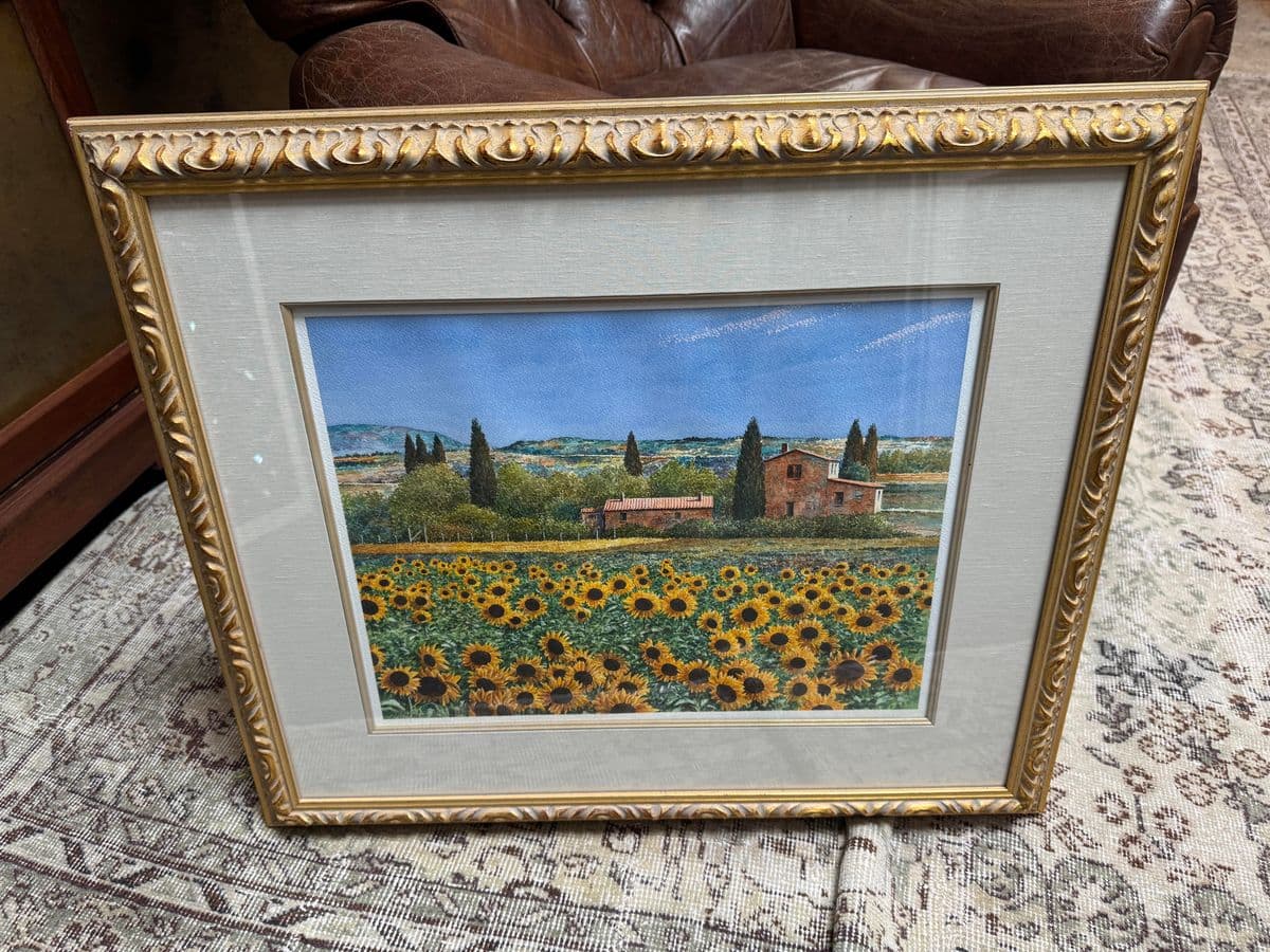 Giles Grimoin Field of Sunflower Watercolor, Signed - Thumbnail 9