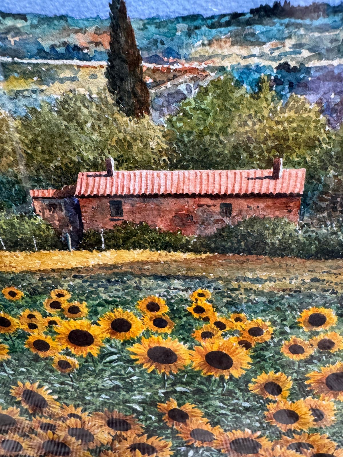 Giles Grimoin Field of Sunflower Watercolor, Signed - Thumbnail 11