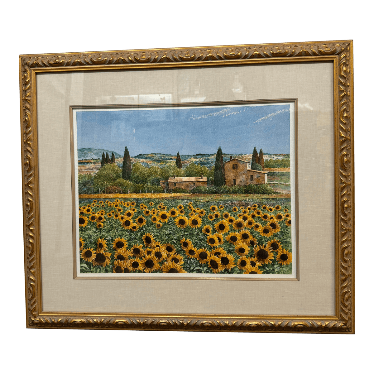 Giles Grimoin Field of Sunflower Watercolor, Signed - Thumbnail 2