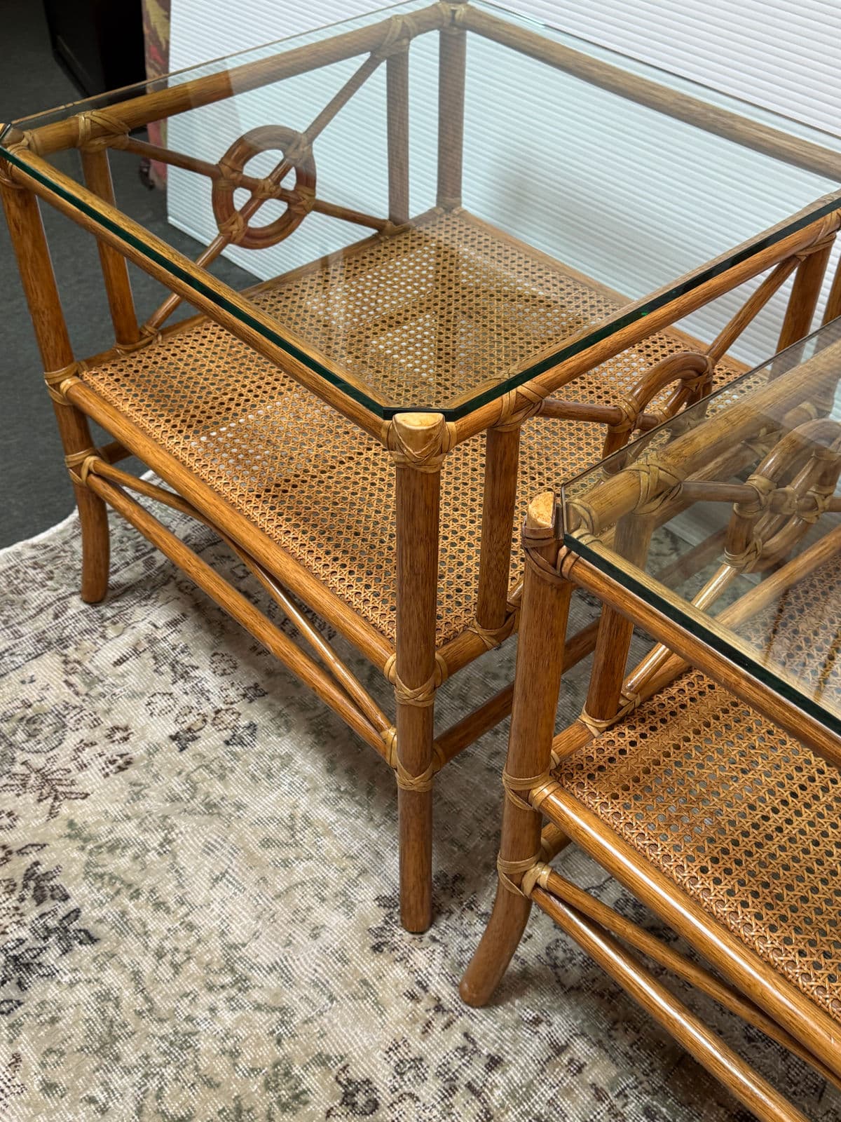 McGuire Furniture Rattan Target Design Side Tables, Pair - Thumbnail 4