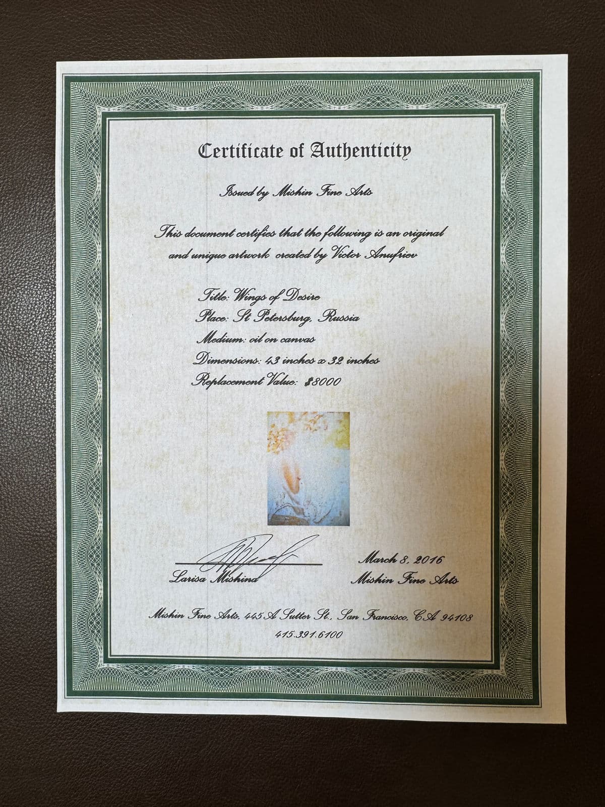 Victor Anufriev Original Painting "Wings of Desire", Certificate - Thumbnail 13