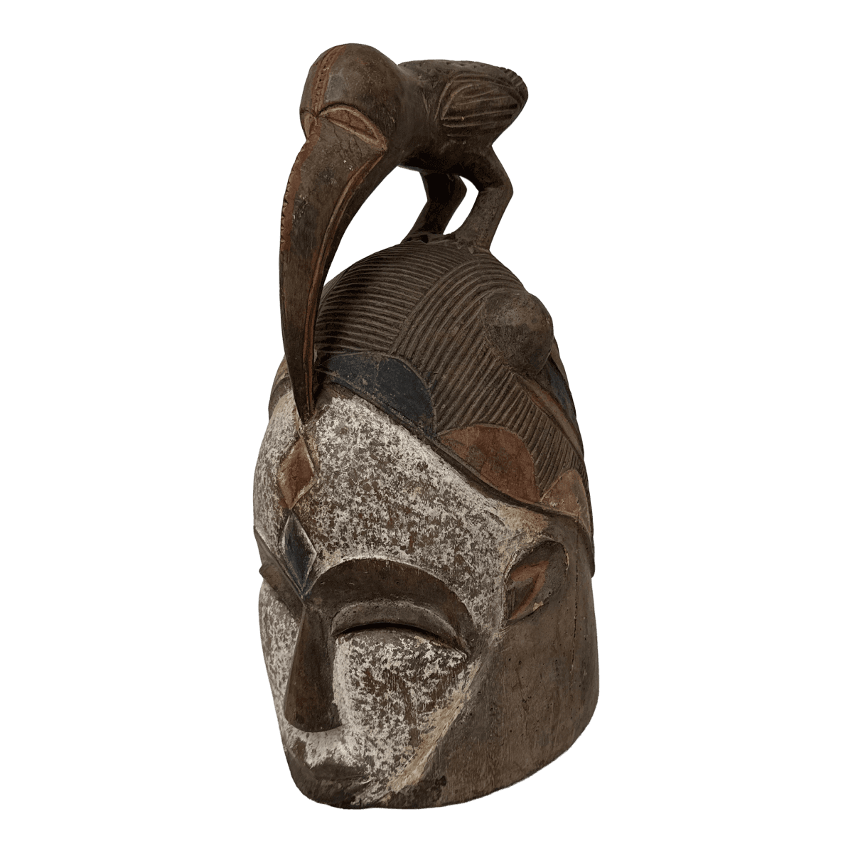 African Yoruba Carved Wood Helmet + Ibis Bird Sculpture - Thumbnail 2