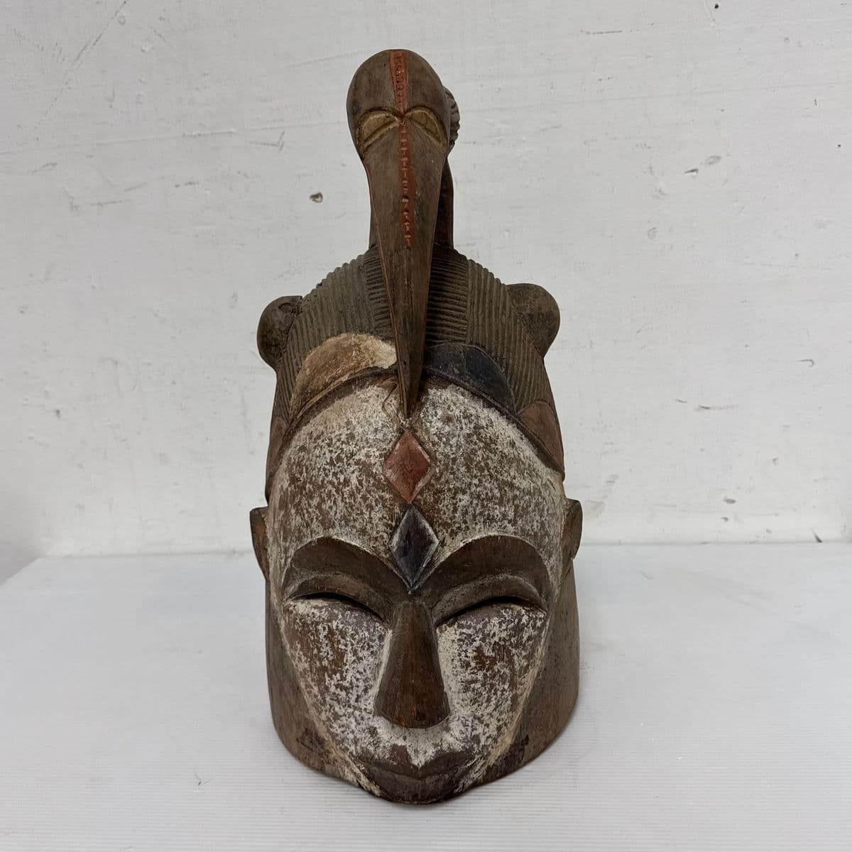 African Yoruba Carved Wood Helmet + Ibis Bird Sculpture - Thumbnail 3