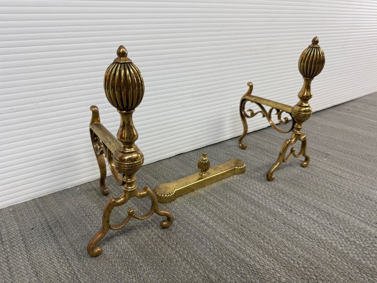 Brass Fireplace Andirons + Front Rail, Vintage, Set of Three - Thumbnail 3