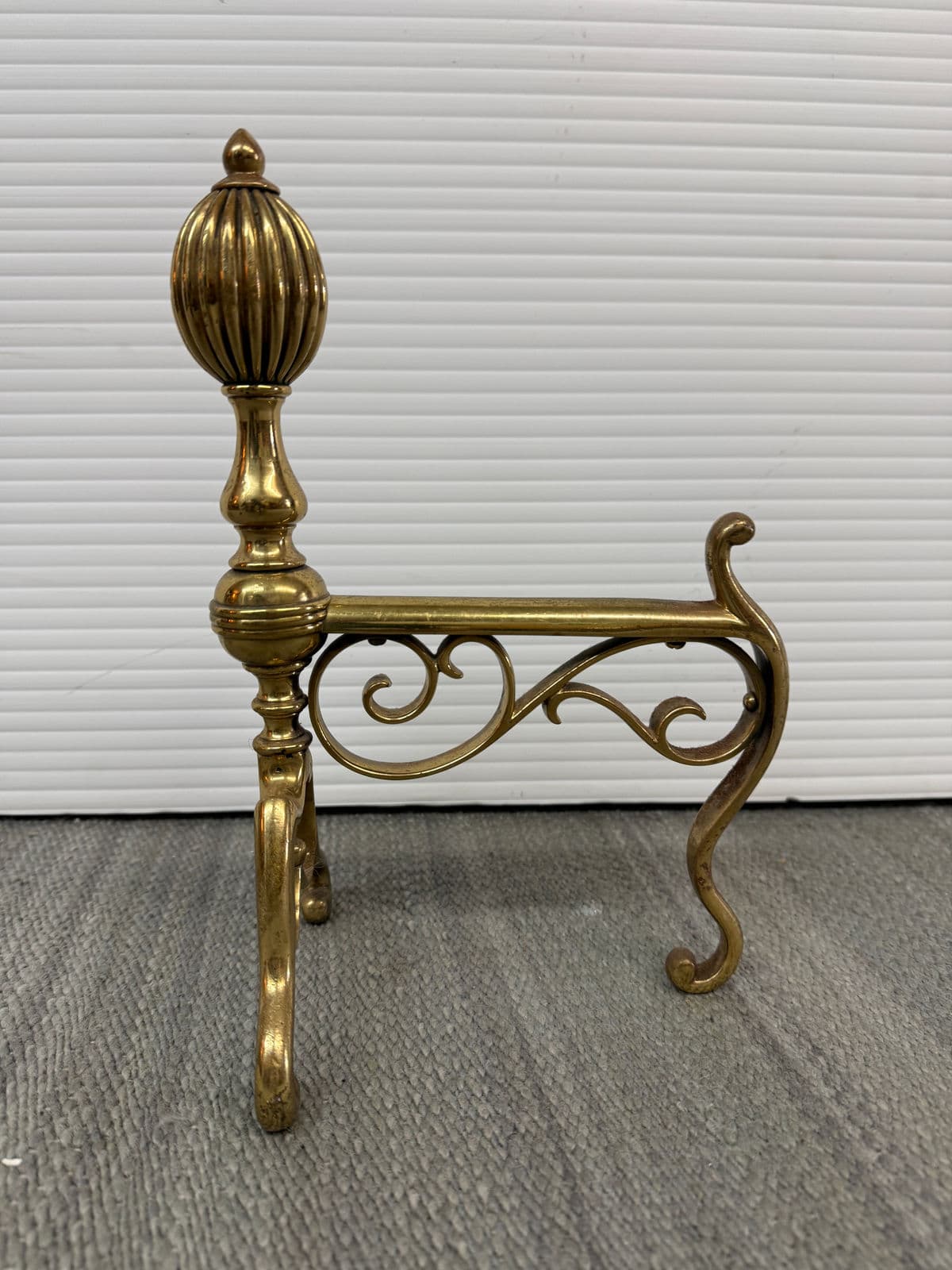 Brass Fireplace Andirons + Front Rail, Vintage, Set of Three - Thumbnail 4