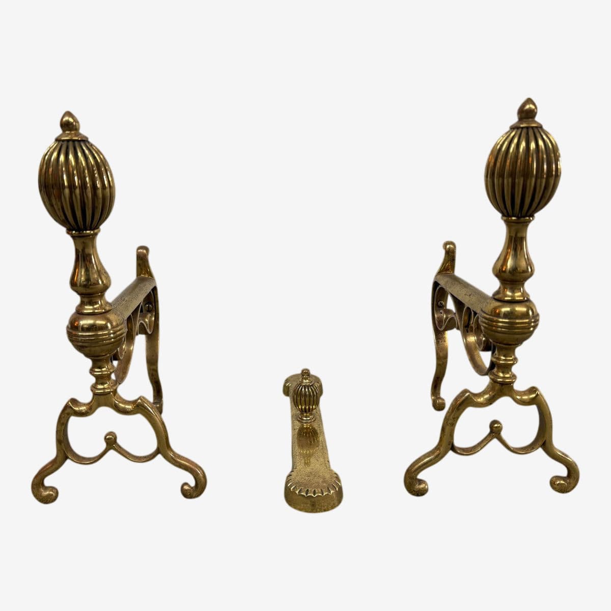 Brass Fireplace Andirons + Front Rail, Vintage, Set of Three - Image 1