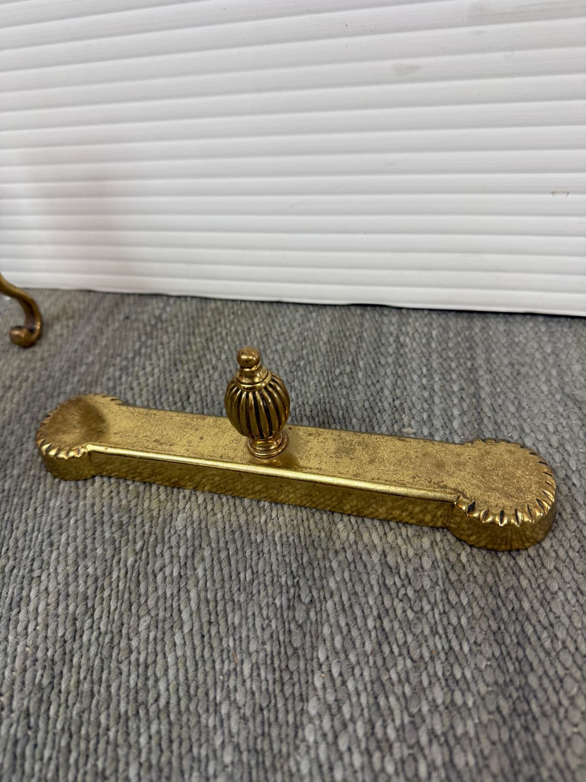 Brass Fireplace Andirons + Front Rail, Vintage, Set of Three - Thumbnail 7