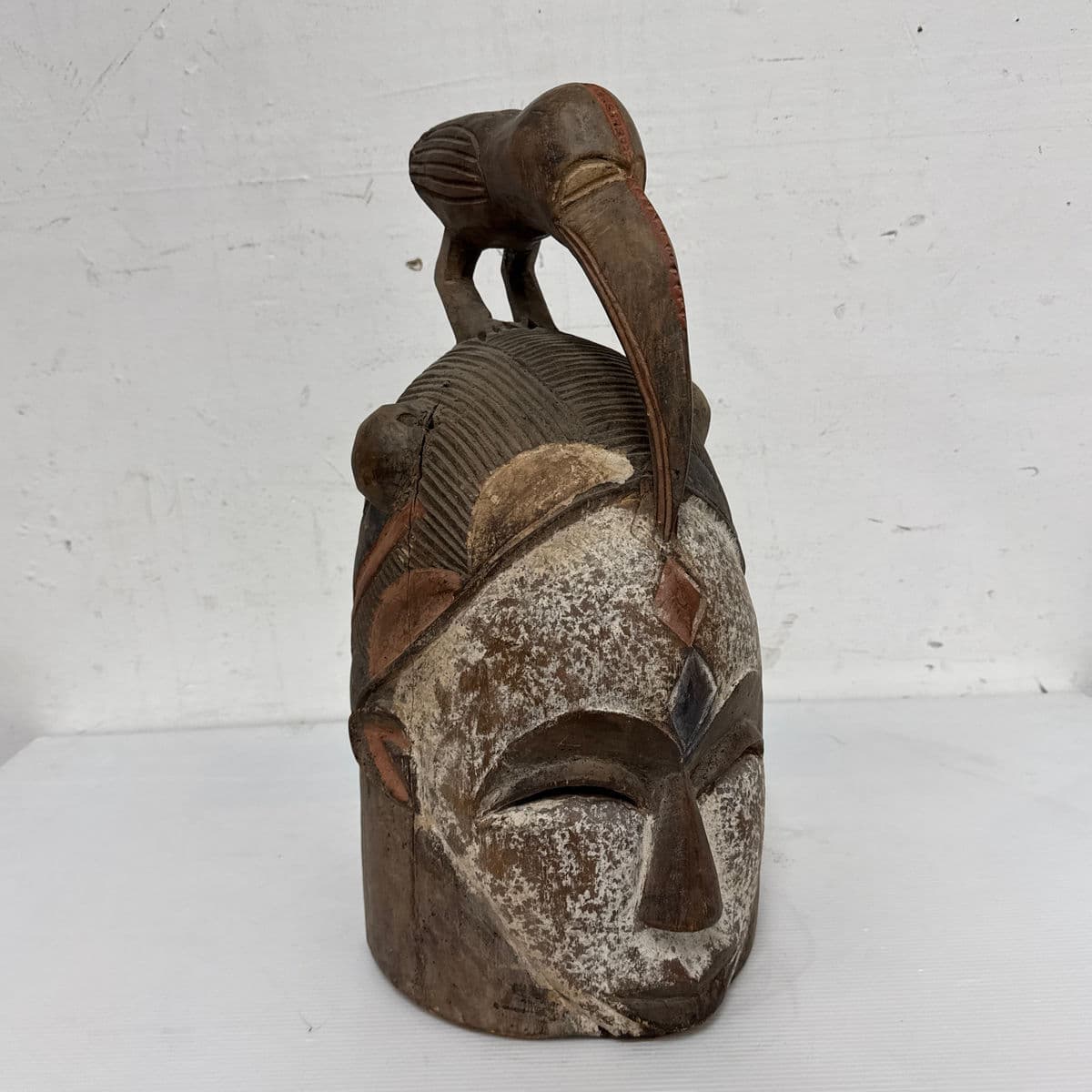 African Yoruba Carved Wood Helmet + Ibis Bird Sculpture - Thumbnail 4