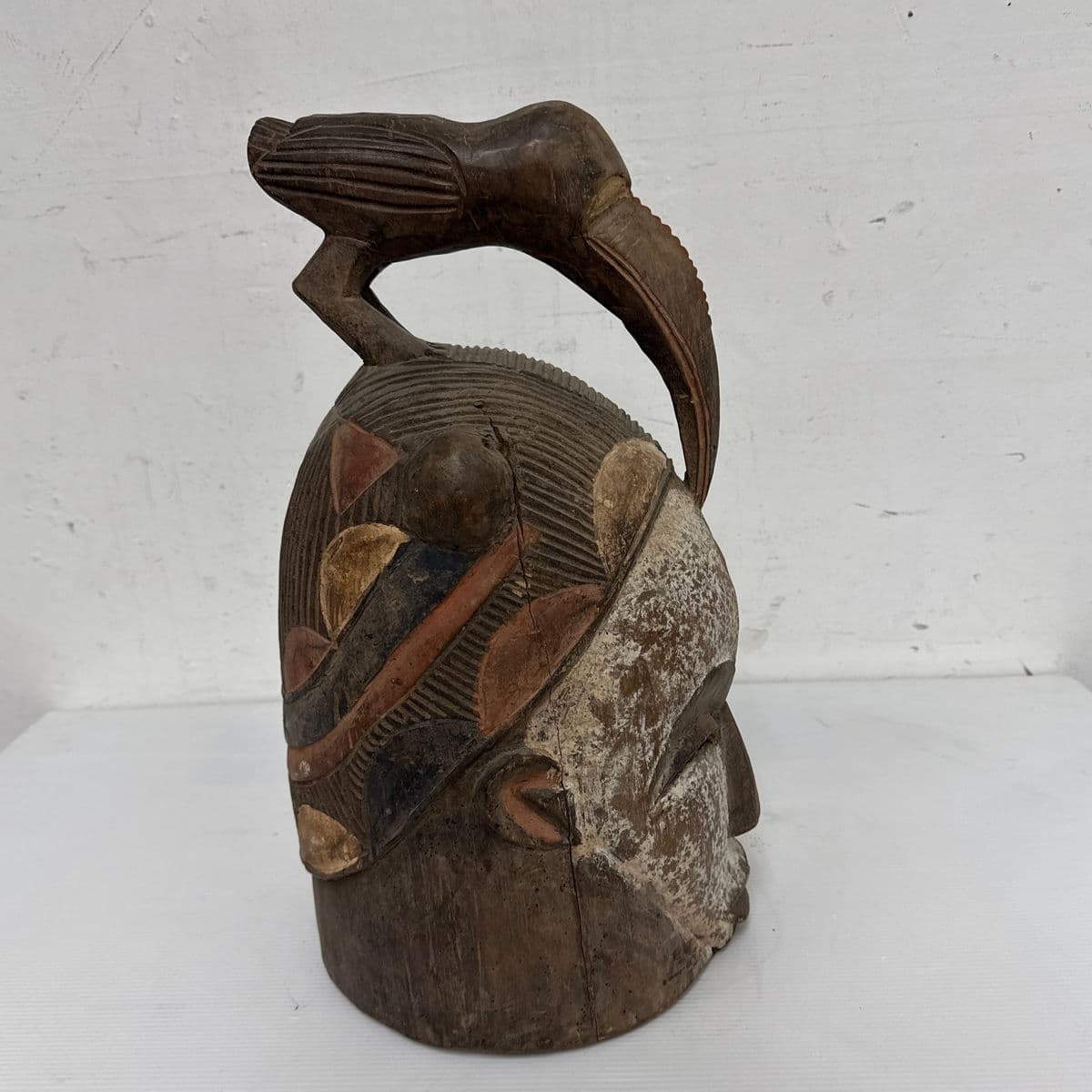 African Yoruba Carved Wood Helmet + Ibis Bird Sculpture - Thumbnail 7