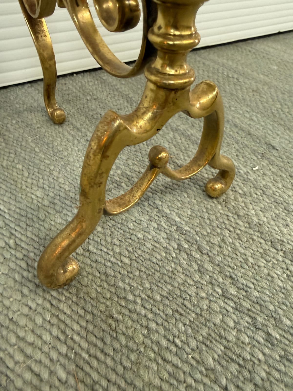 Brass Fireplace Andirons + Front Rail, Vintage, Set of Three - Thumbnail 9