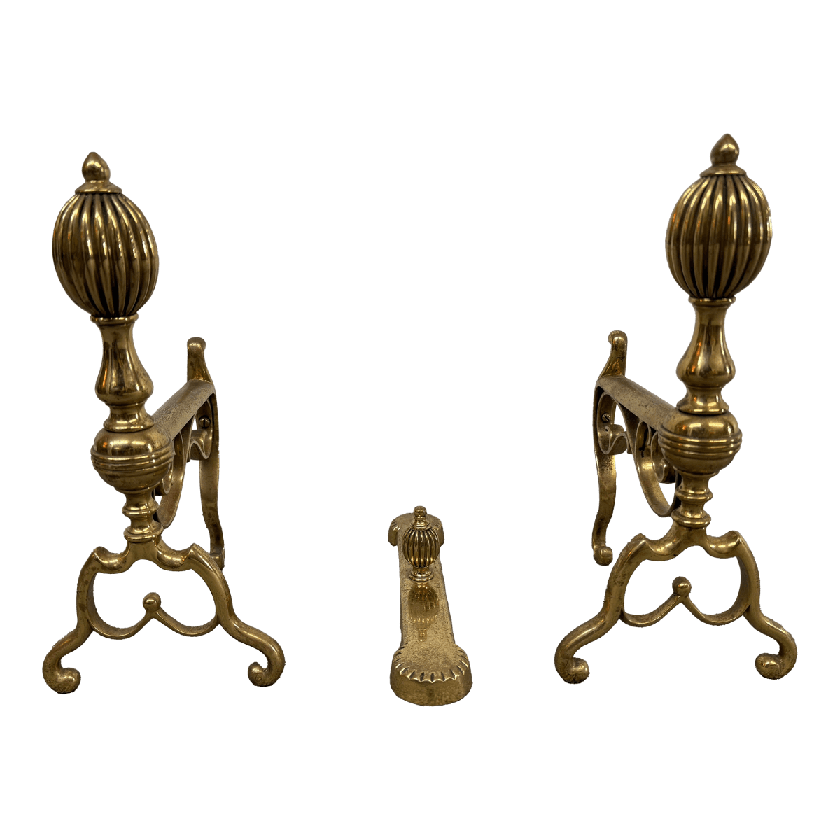 Brass Fireplace Andirons + Front Rail, Vintage, Set of Three - Thumbnail 2