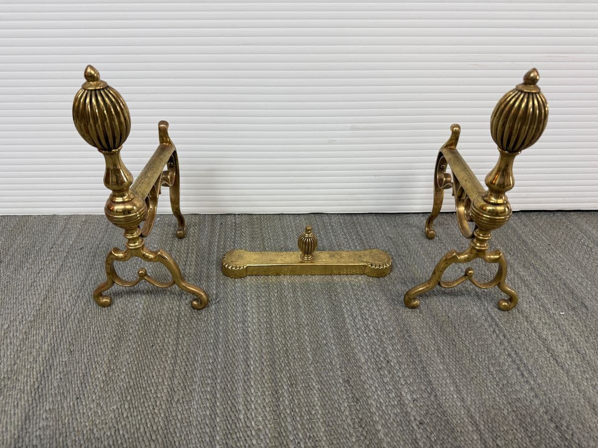 Brass Fireplace Andirons + Front Rail, Vintage, Set of Three - Thumbnail 6