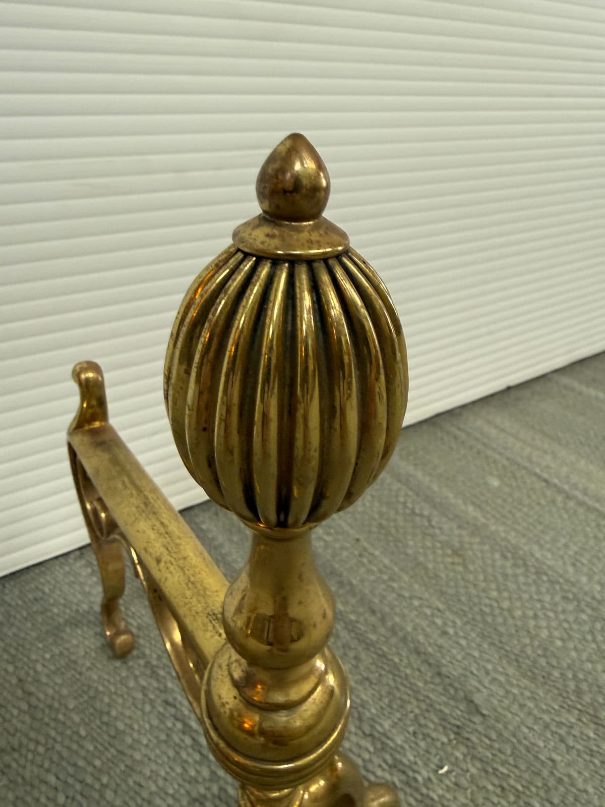 Brass Fireplace Andirons + Front Rail, Vintage, Set of Three - Thumbnail 13