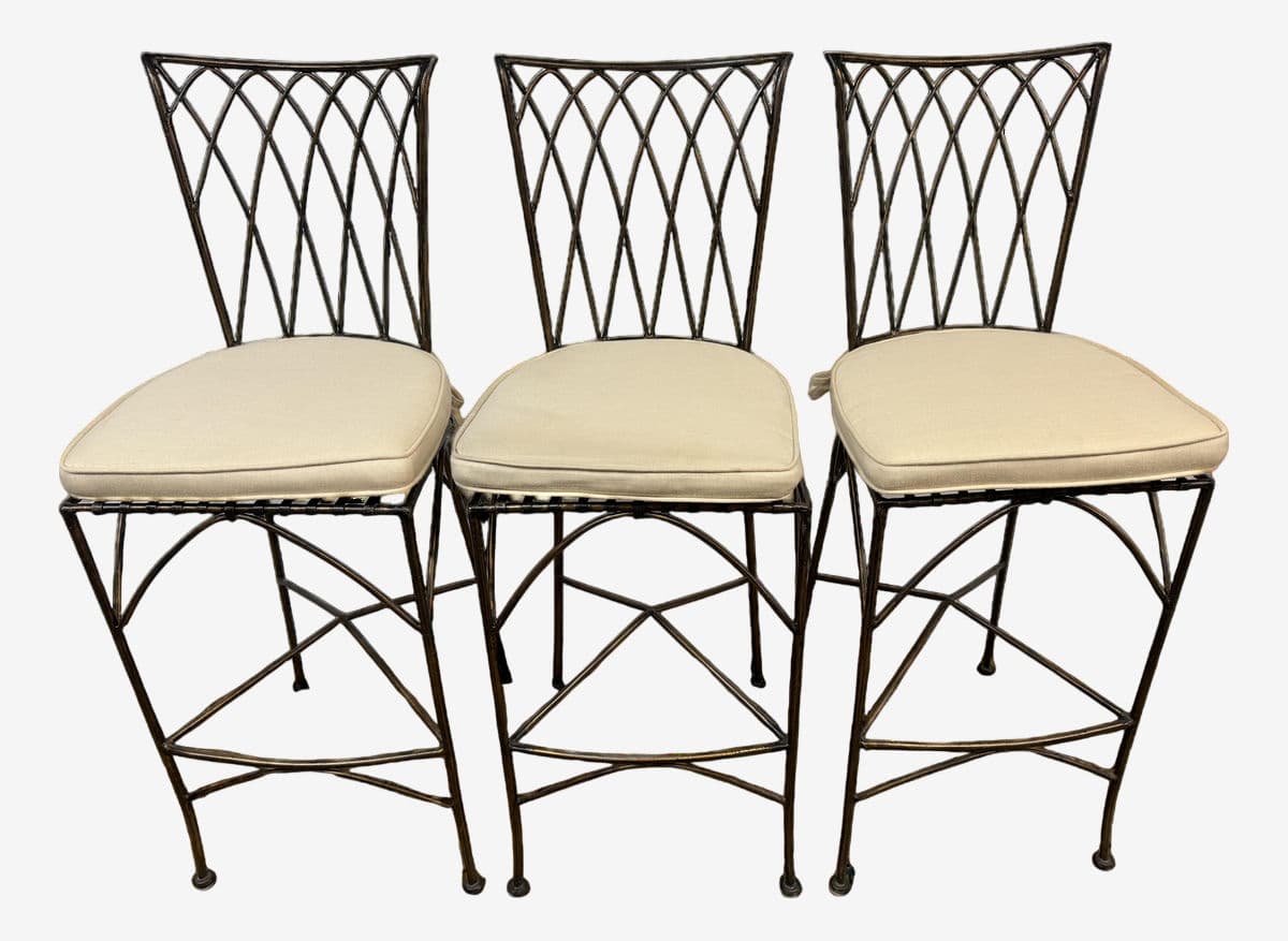 Wrought Iron Bar Stools With Cushions, Set of Three - Image 1