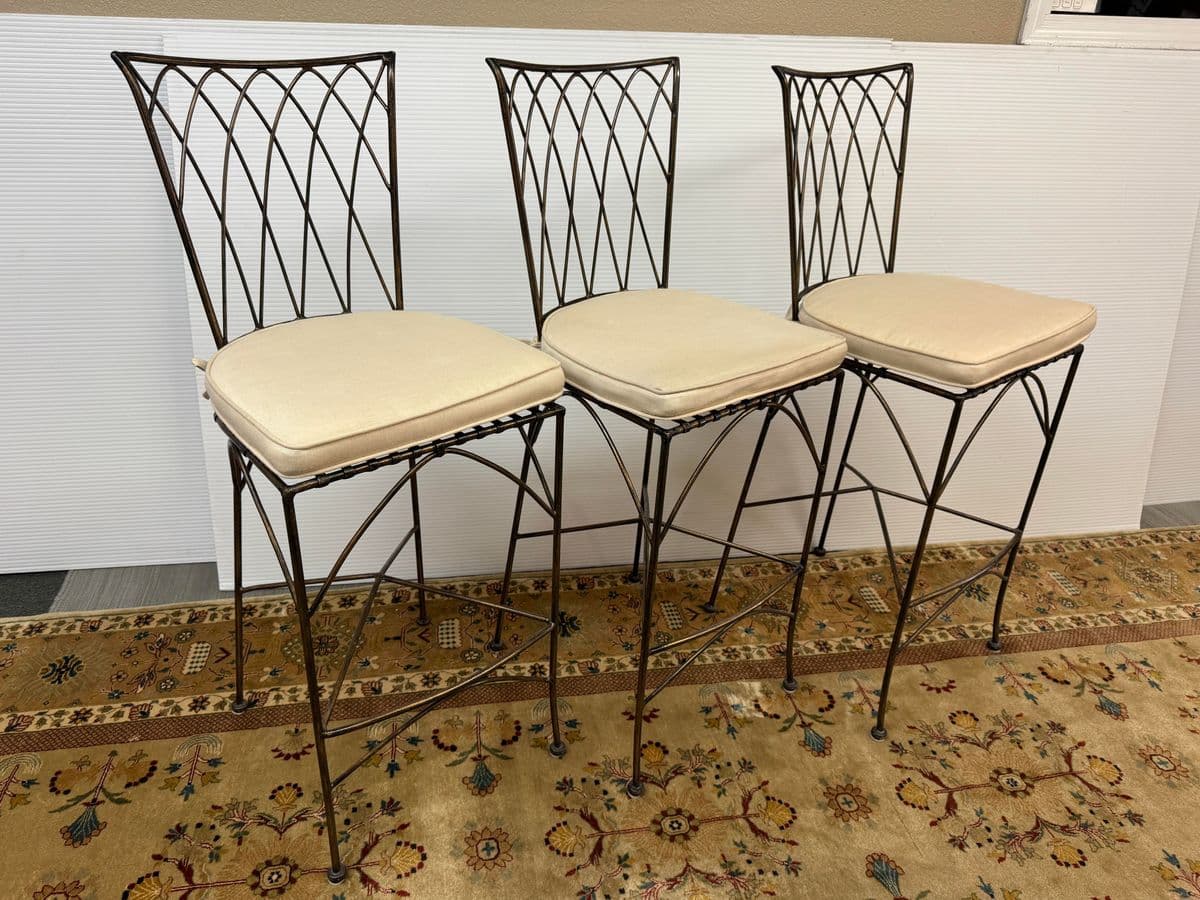 Wrought Iron Bar Stools With Cushions, Set of Three - Thumbnail 3