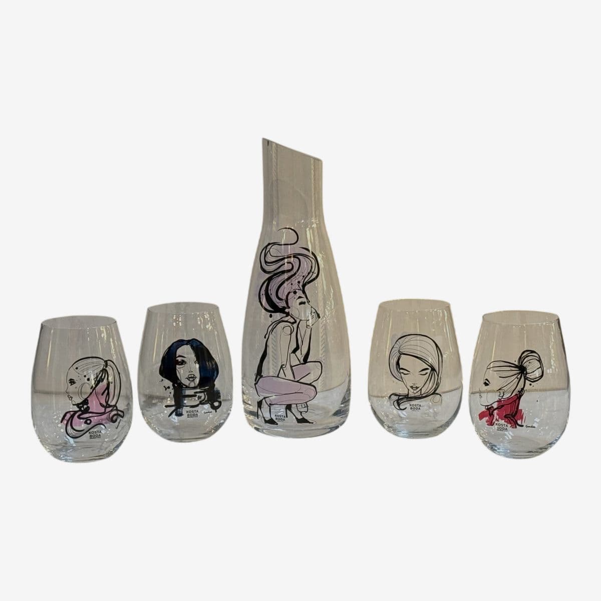 Sara Woodrow for Kosta Boda “All About You” Decanter + Glassware, Set of Five - Image 1