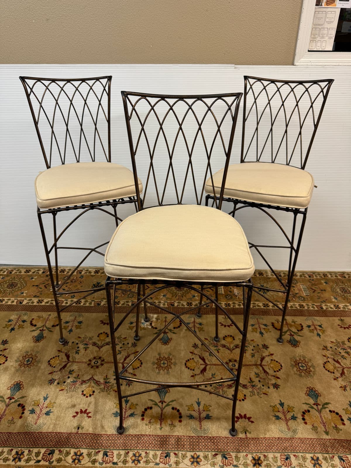 Wrought Iron Bar Stools With Cushions, Set of Three - Thumbnail 4