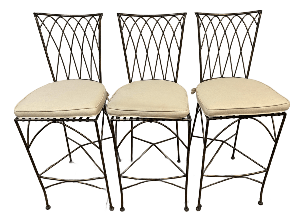 Wrought Iron Bar Stools With Cushions, Set of Three - Thumbnail 2