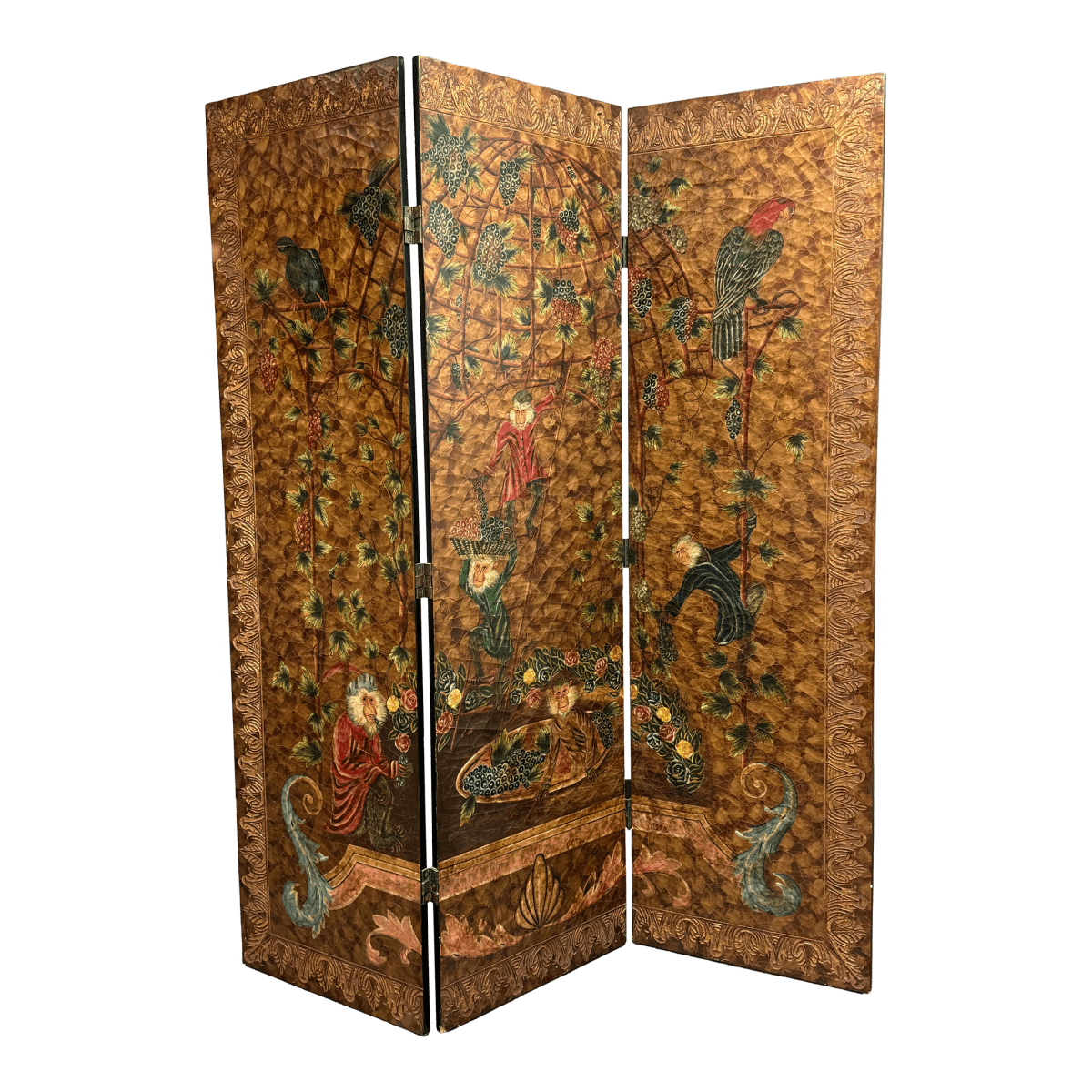 Chinoiserie Hand Painted Triple Panel Room Divider - Thumbnail 2