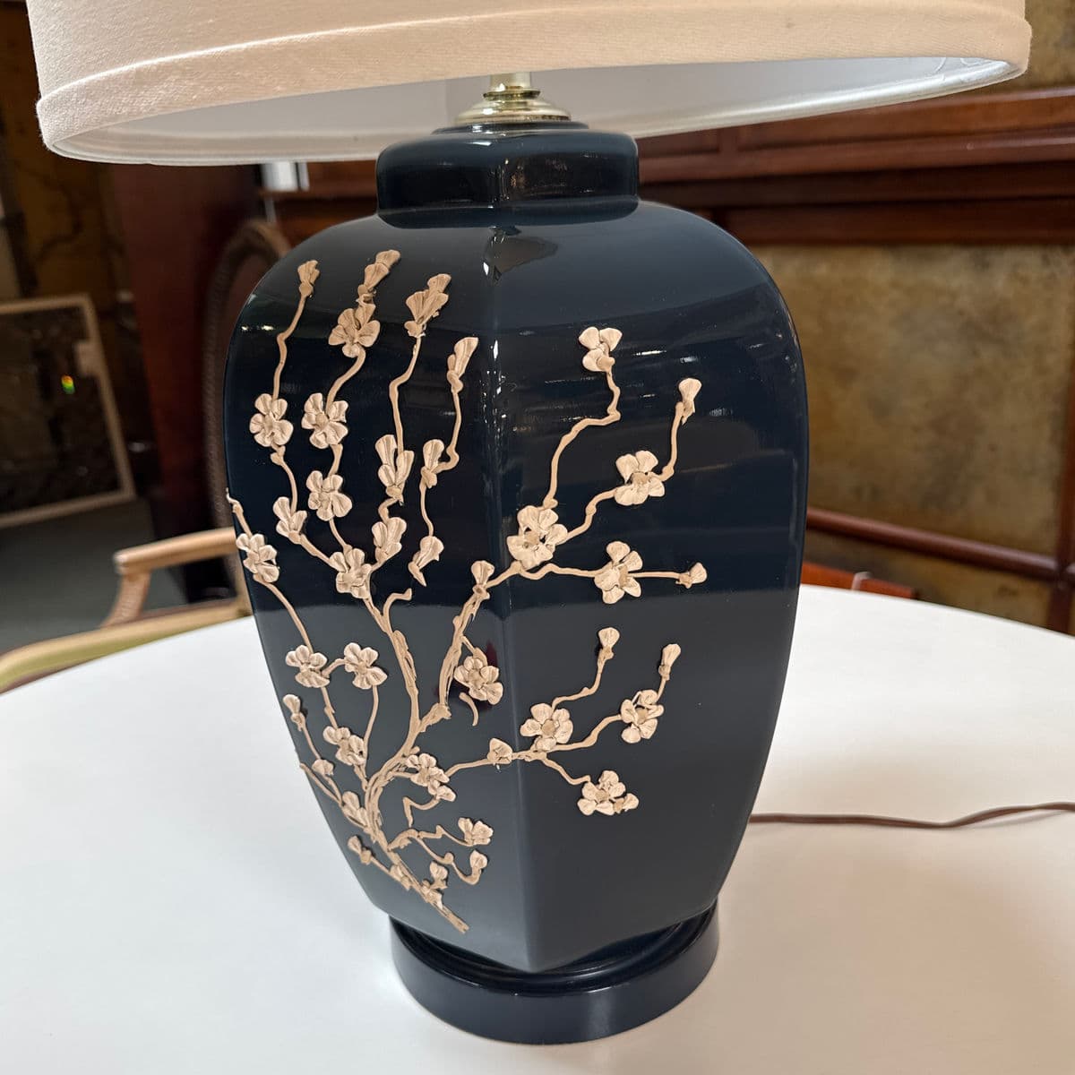 Navy Impasto Table Lamp With Hand Sculpted Floral Relief, Vintage - Thumbnail 6