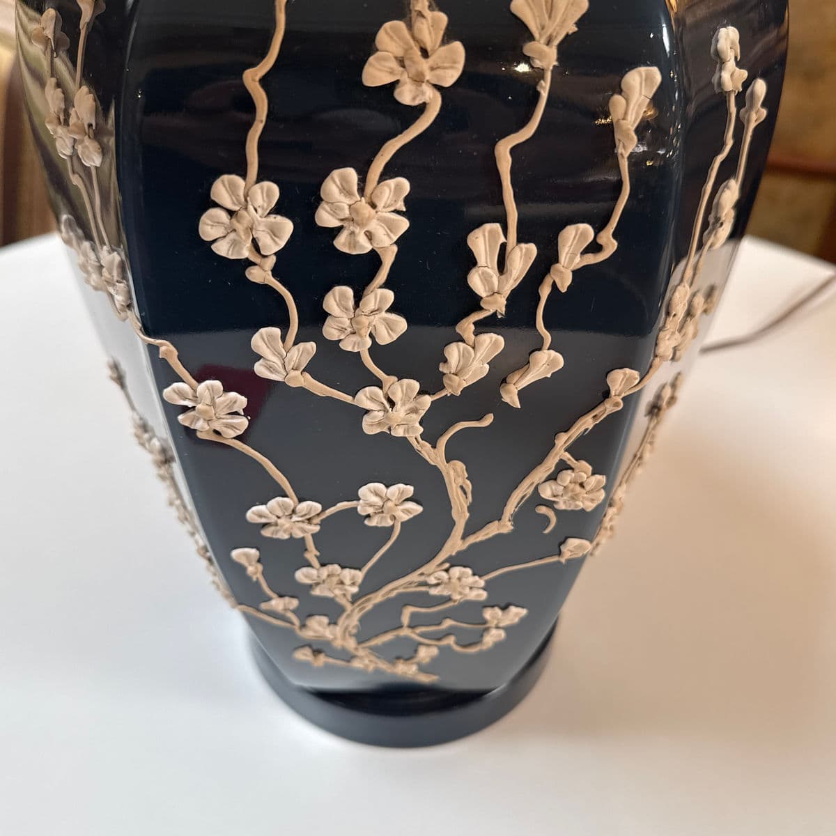 Navy Impasto Table Lamp With Hand Sculpted Floral Relief, Vintage - Thumbnail 5