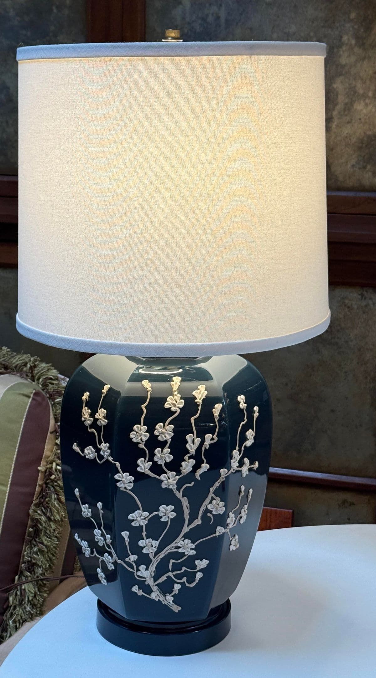 Navy Impasto Table Lamp With Hand Sculpted Floral Relief, Vintage - Thumbnail 3
