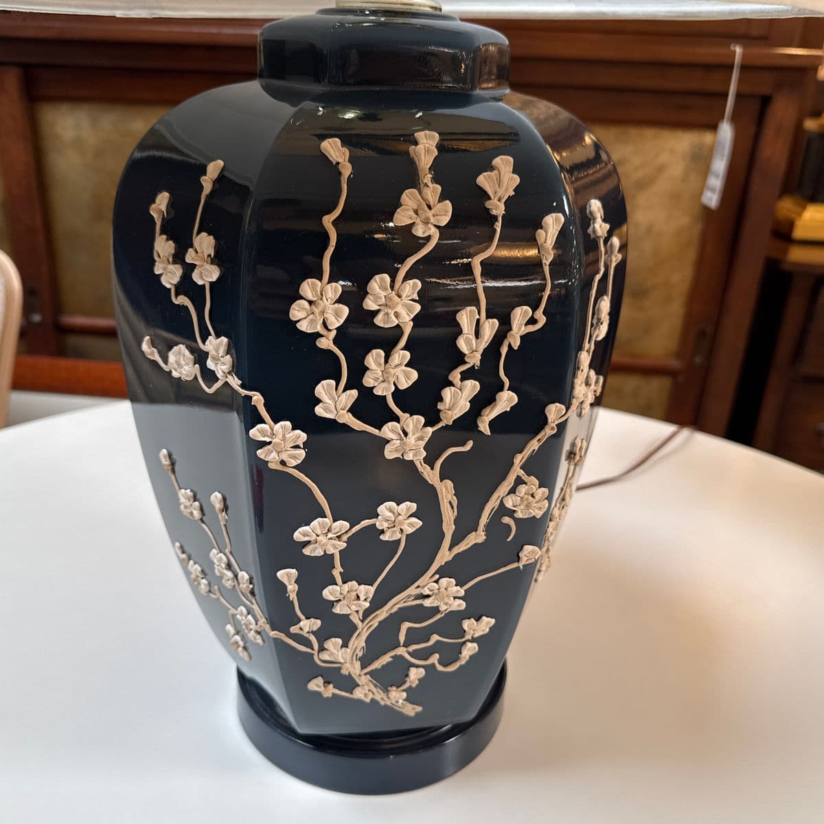 Navy Impasto Table Lamp With Hand Sculpted Floral Relief, Vintage - Thumbnail 4