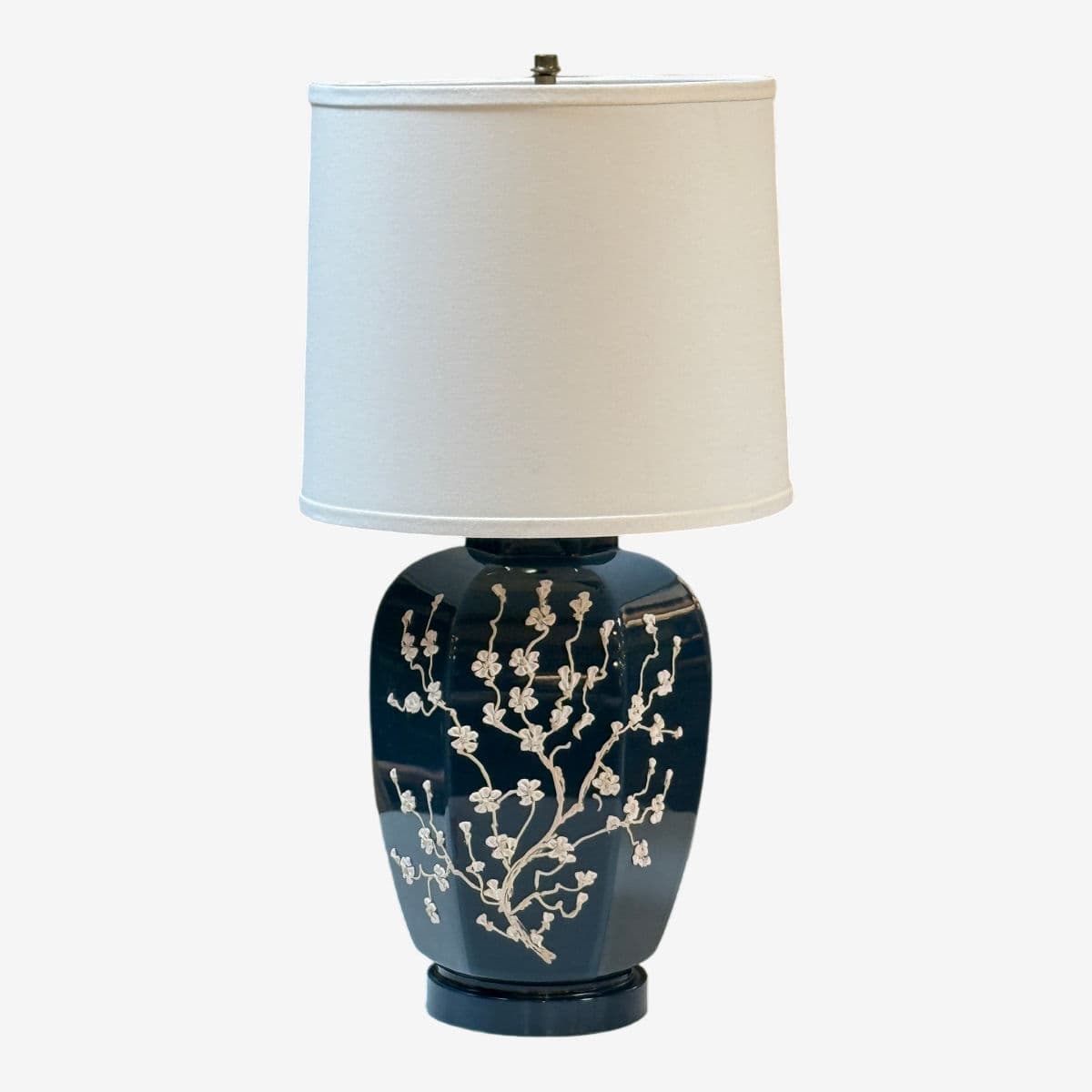 Navy Impasto Table Lamp With Hand Sculpted Floral Relief, Vintage - Image 1