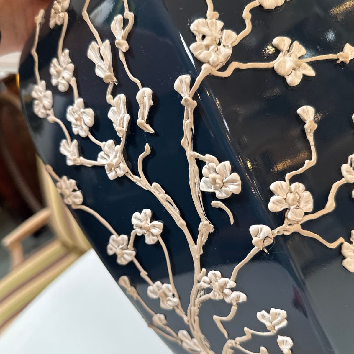 Navy Impasto Table Lamp With Hand Sculpted Floral Relief, Vintage - Thumbnail 9