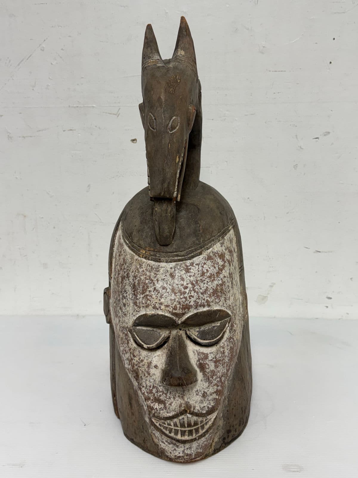 African Yoruba Carved Wood Helmet + Jackal Sculpture - Thumbnail 3