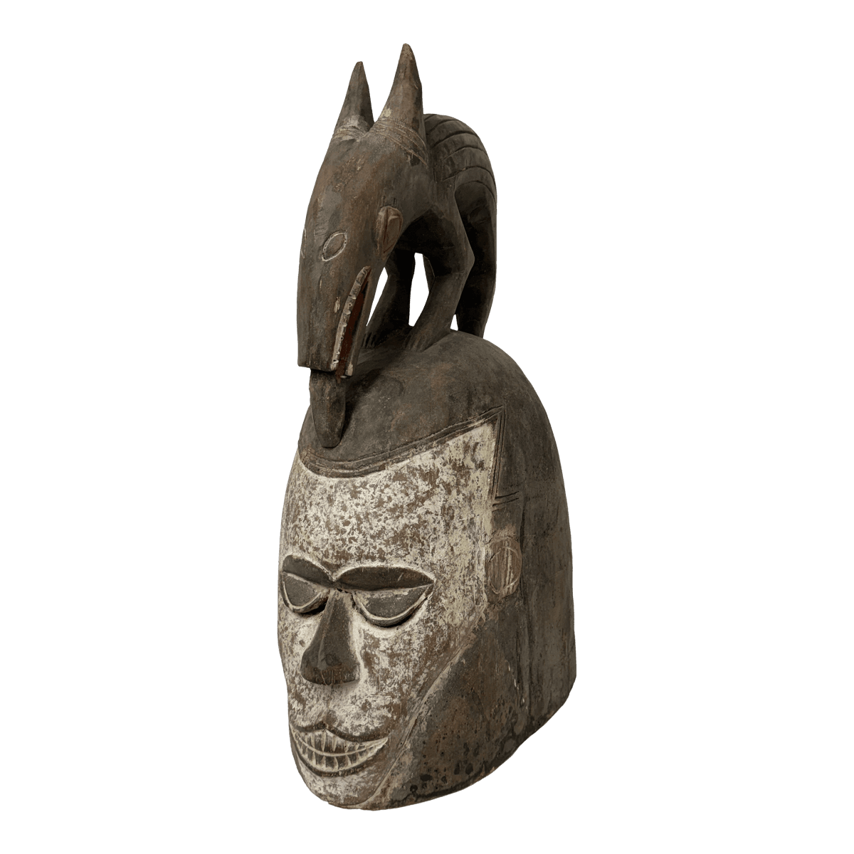 African Yoruba Carved Wood Helmet + Jackal Sculpture - Thumbnail 2