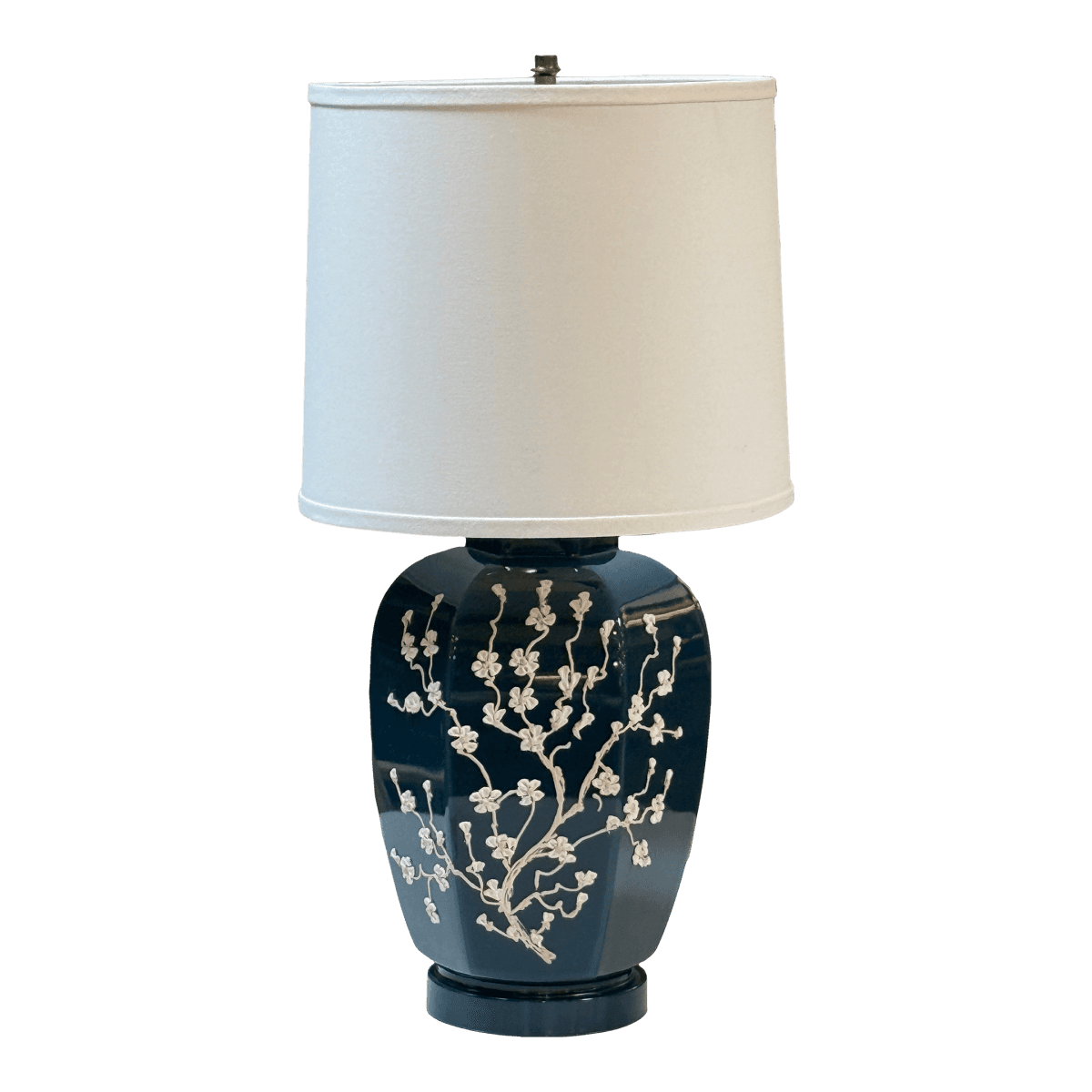 Navy Impasto Table Lamp With Hand Sculpted Floral Relief, Vintage - Thumbnail 2