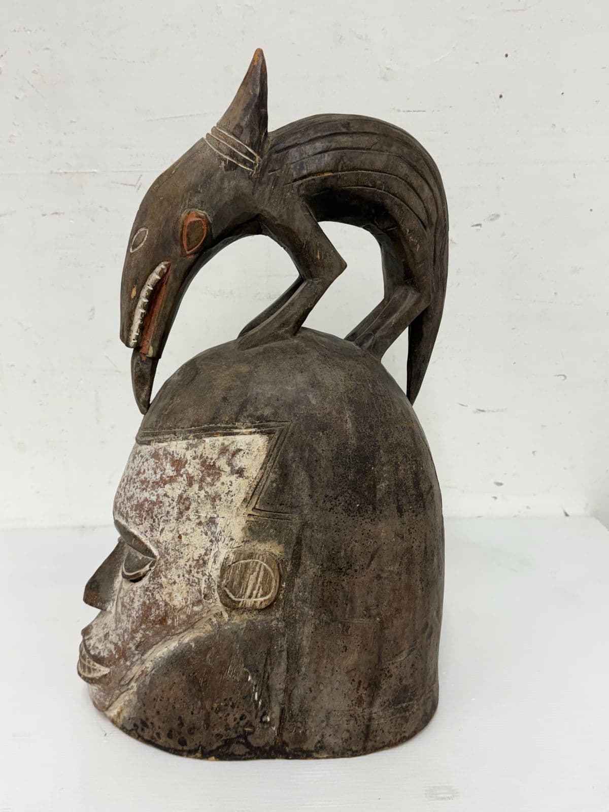 African Yoruba Carved Wood Helmet + Jackal Sculpture - Thumbnail 5