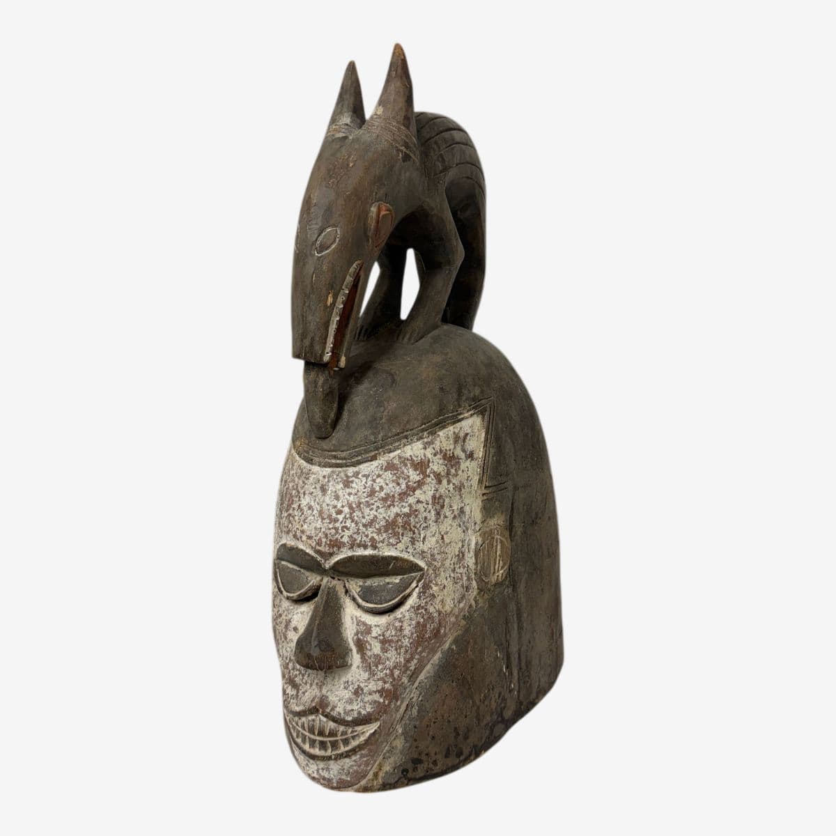 African Yoruba Carved Wood Helmet + Jackal Sculpture - Image 1