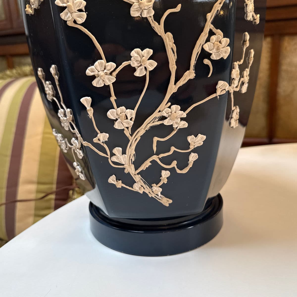 Navy Impasto Table Lamp With Hand Sculpted Floral Relief, Vintage - Thumbnail 12