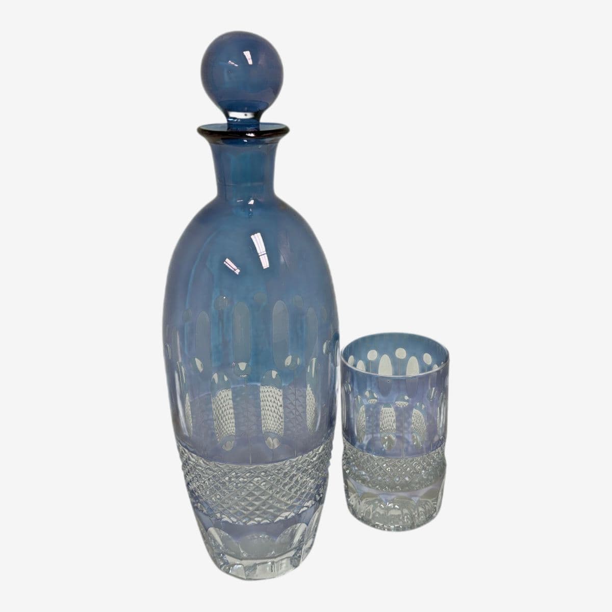Crystal Blue Cut Decanter + Matching Tumblr, Pair - Image 1