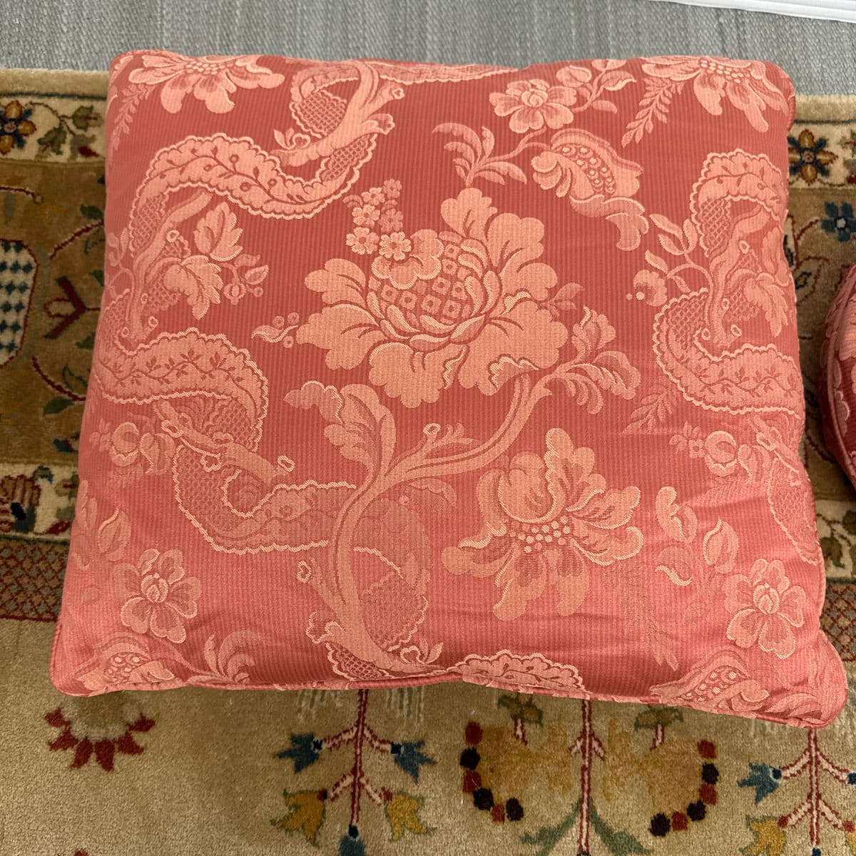 Rose Pink Floral Brocade Throw Pillows, Set of Three - Thumbnail 3