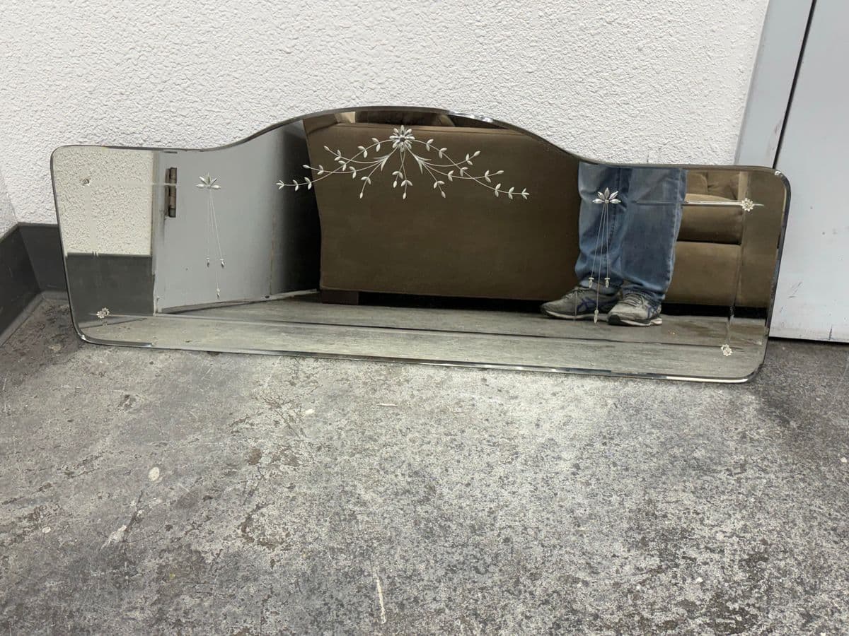 Art Deco Etched Floral Frameless Vanity Mirror, Mid 20th Century - Thumbnail 4