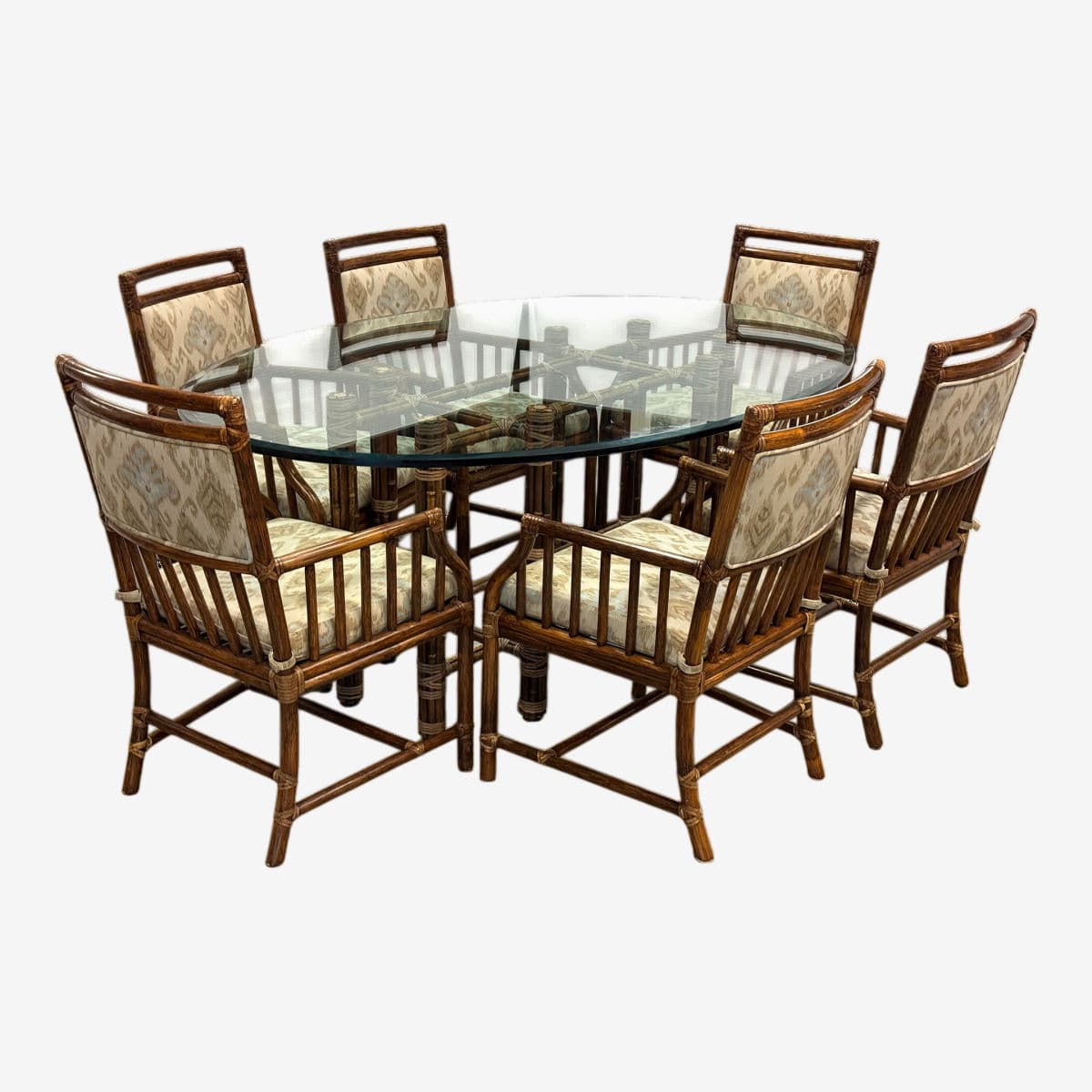 McGuire Furniture Oval Glass Top Dining Table + Six Far East Collection Dining Armchairs, Vintage Set - Image 1