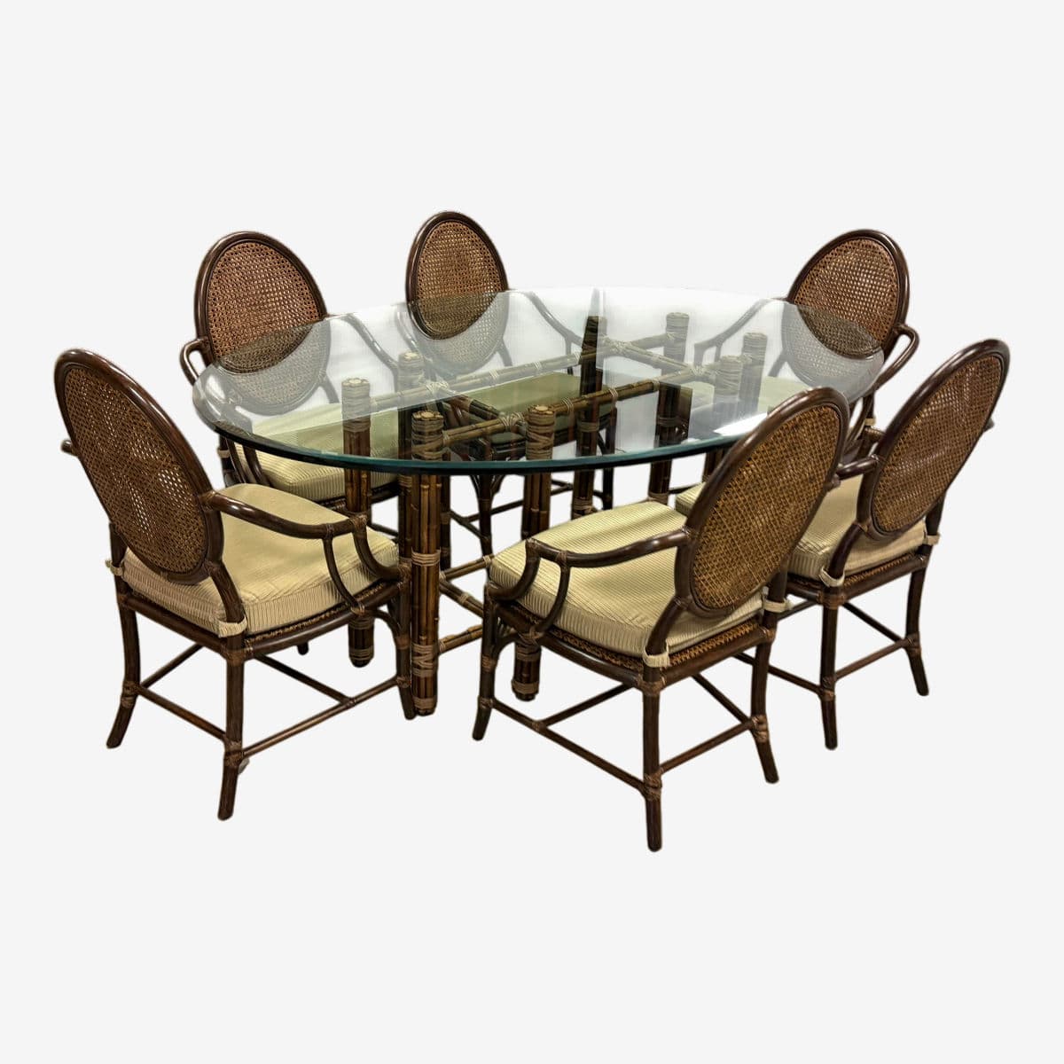 McGuire Furniture Oval Glass Top Dining Table + Six Double Cane Back Dining Armchairs, Vintage Set - Image 1