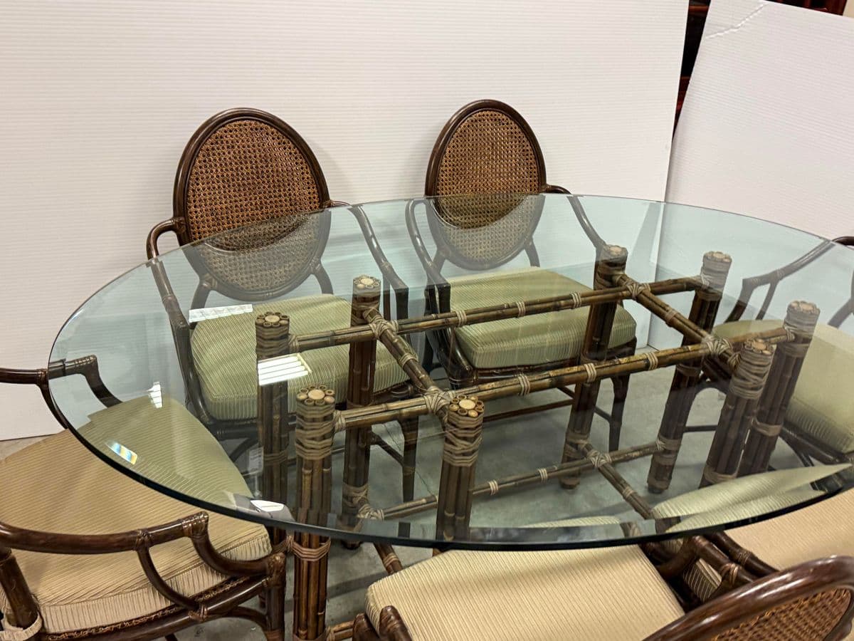 McGuire Furniture Oval Glass Top Dining Table + Six Double Cane Back Dining Armchairs, Vintage Set - Thumbnail 8