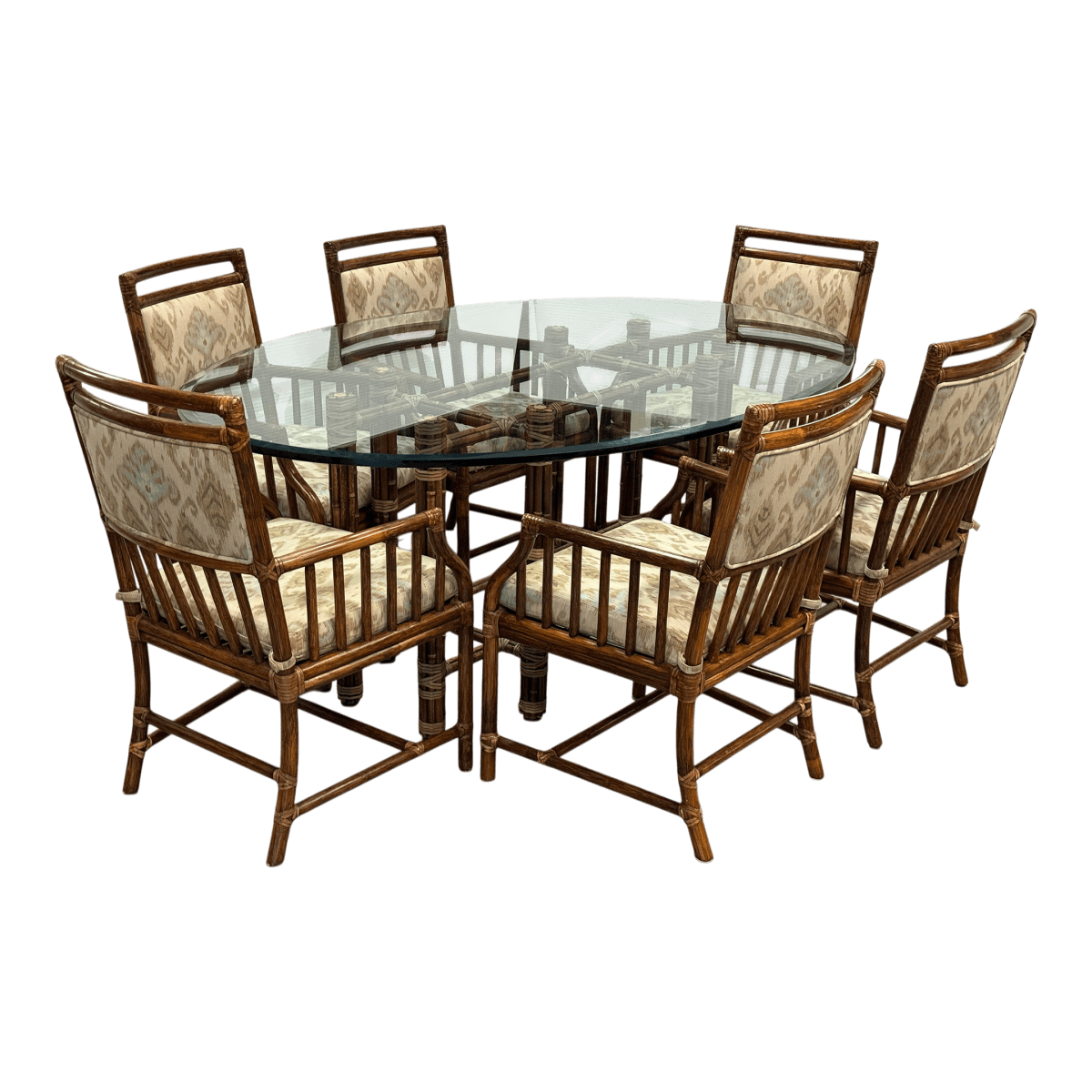 McGuire Furniture Oval Glass Top Dining Table + Six Far East Collection Dining Armchairs, Vintage Set - Thumbnail 2