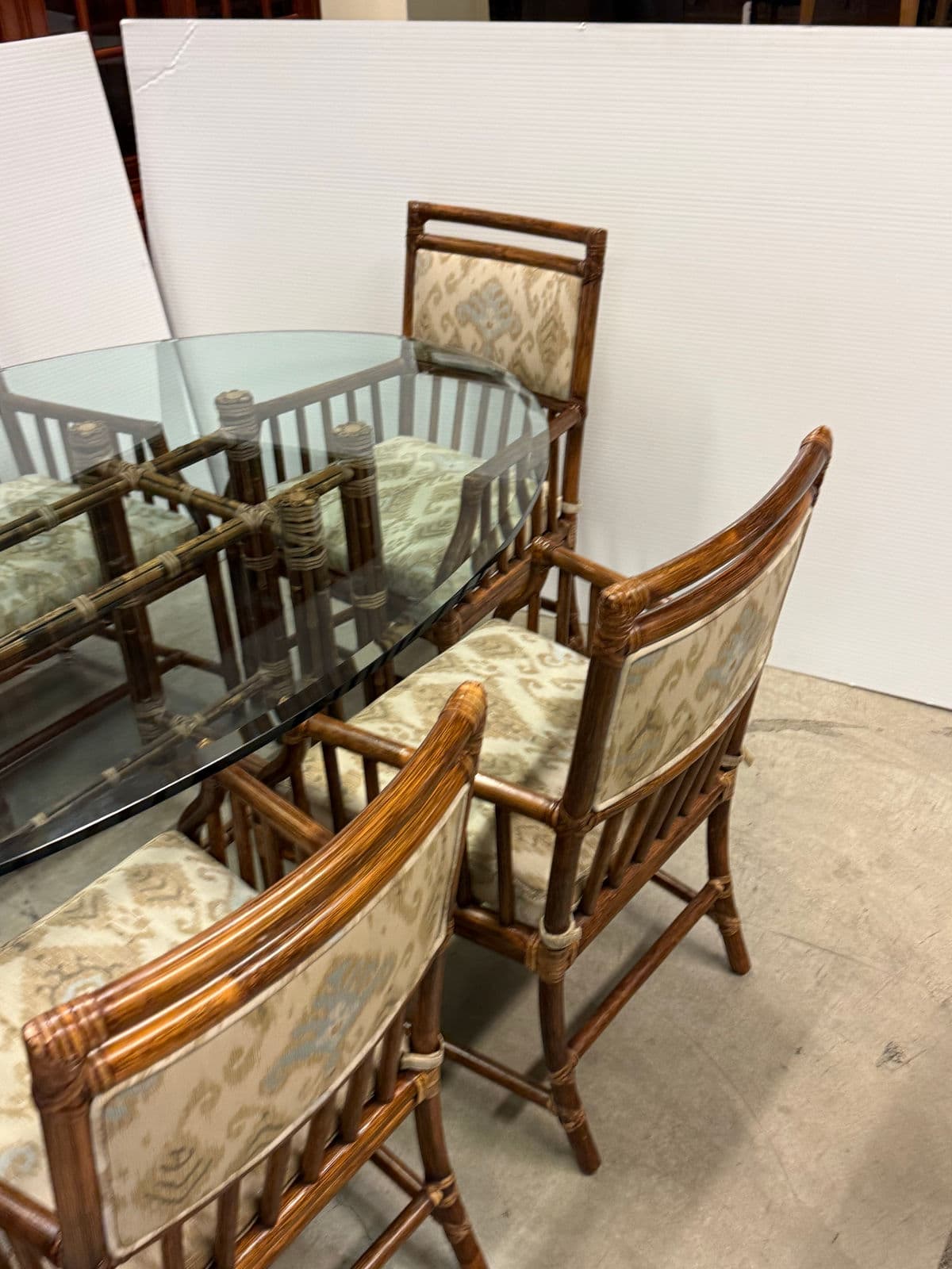 McGuire Furniture Oval Glass Top Dining Table + Six Far East Collection Dining Armchairs, Vintage Set - Thumbnail 8